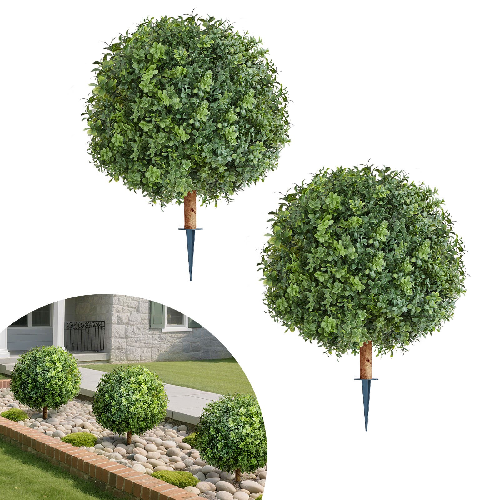 VEVOR Bolas de Boj Artificiales para Topiario de Exterior con Estaca, 559 mm, 2 uds, Plantas Artificiales, Arbustos de Imitación para Decoración, Porche, Patio, Jardín, Balcón y Patio Trasero