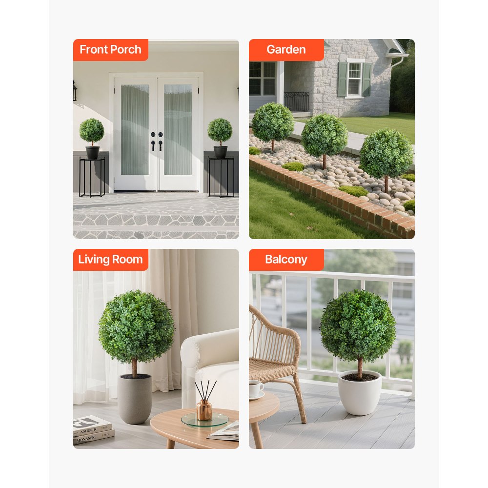 VEVOR Topiario Artificial de Boj con Estaca, Planta Decorativa, para Porche, Exterior e Interior, Patio, Jardín, Balcón y Patio Trasero, Resistente a la Intemperie, 400 x 400 x 686 mm, 2 uds,