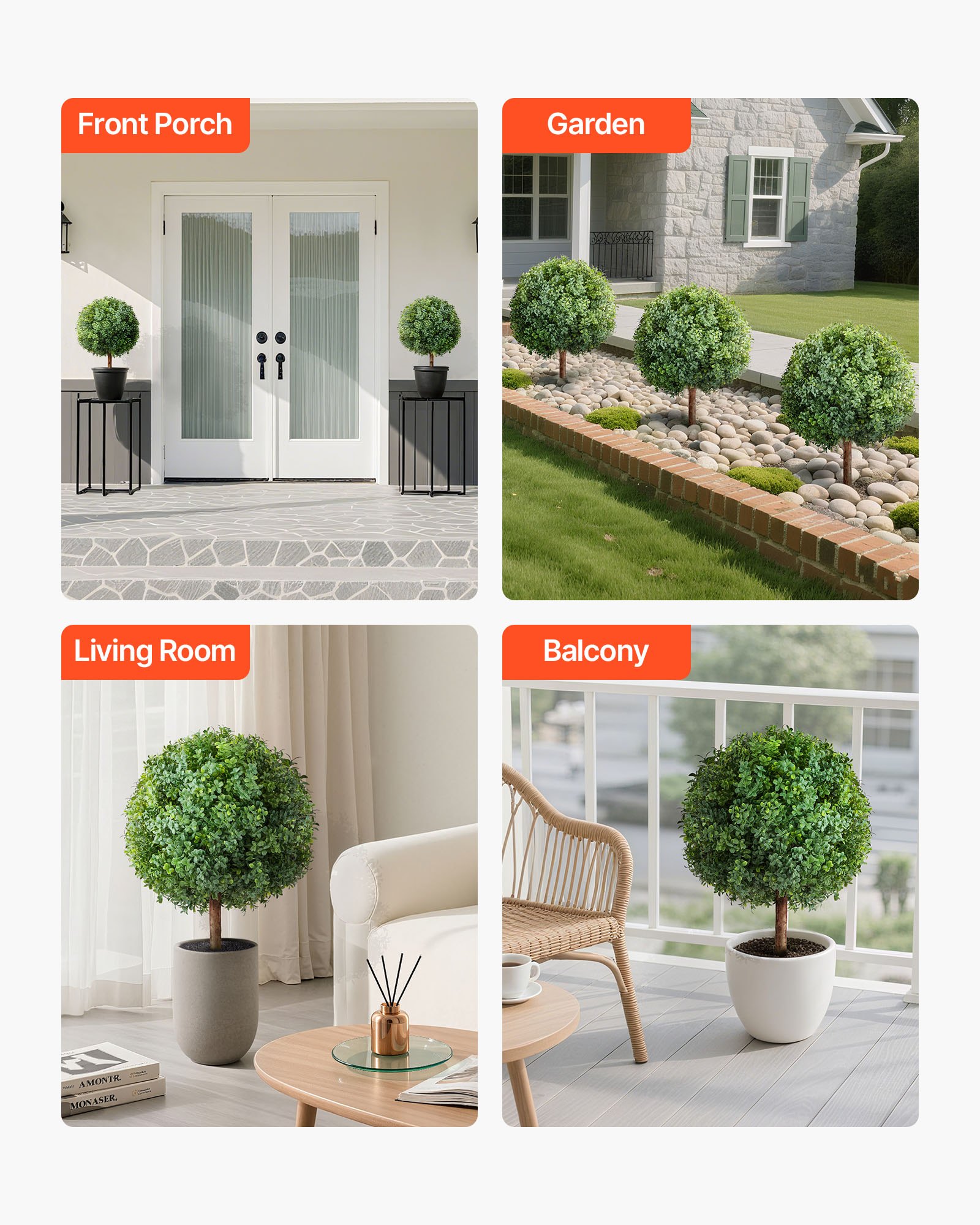 VEVOR Topiario Artificial de Boj con Estaca, Planta Decorativa, para Porche, Exterior e Interior, Patio, Jardín, Balcón y Patio Trasero, Resistente a la Intemperie, 400 x 400 x 686 mm, 2 uds,