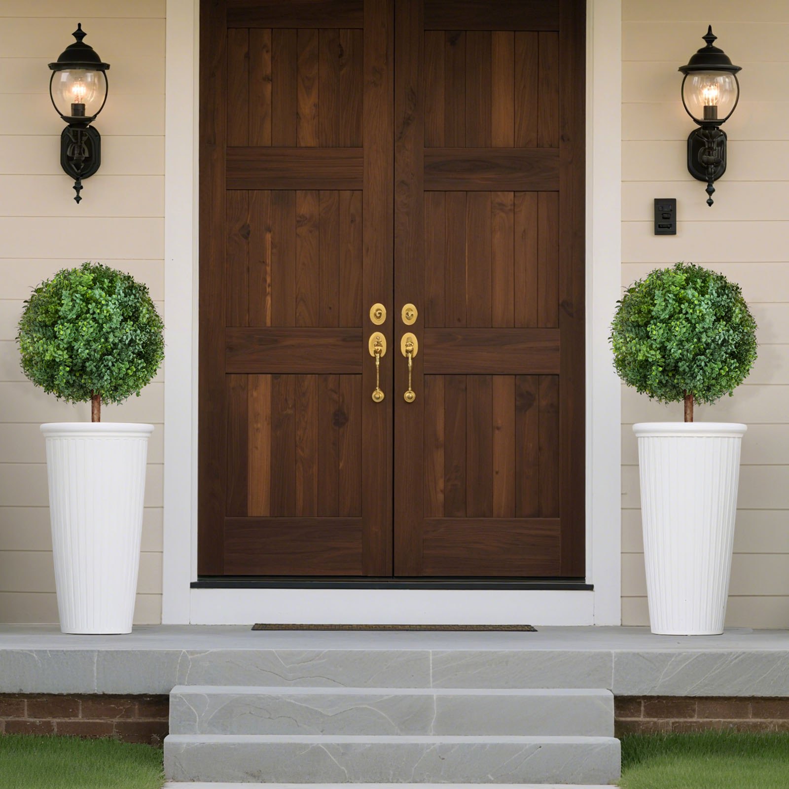VEVOR Topiario Artificial de Boj con Estaca, Planta Decorativa, para Porche, Exterior e Interior, Patio, Jardín, Balcón y Patio Trasero, Resistente a la Intemperie, 400 x 400 x 686 mm, 2 uds,
