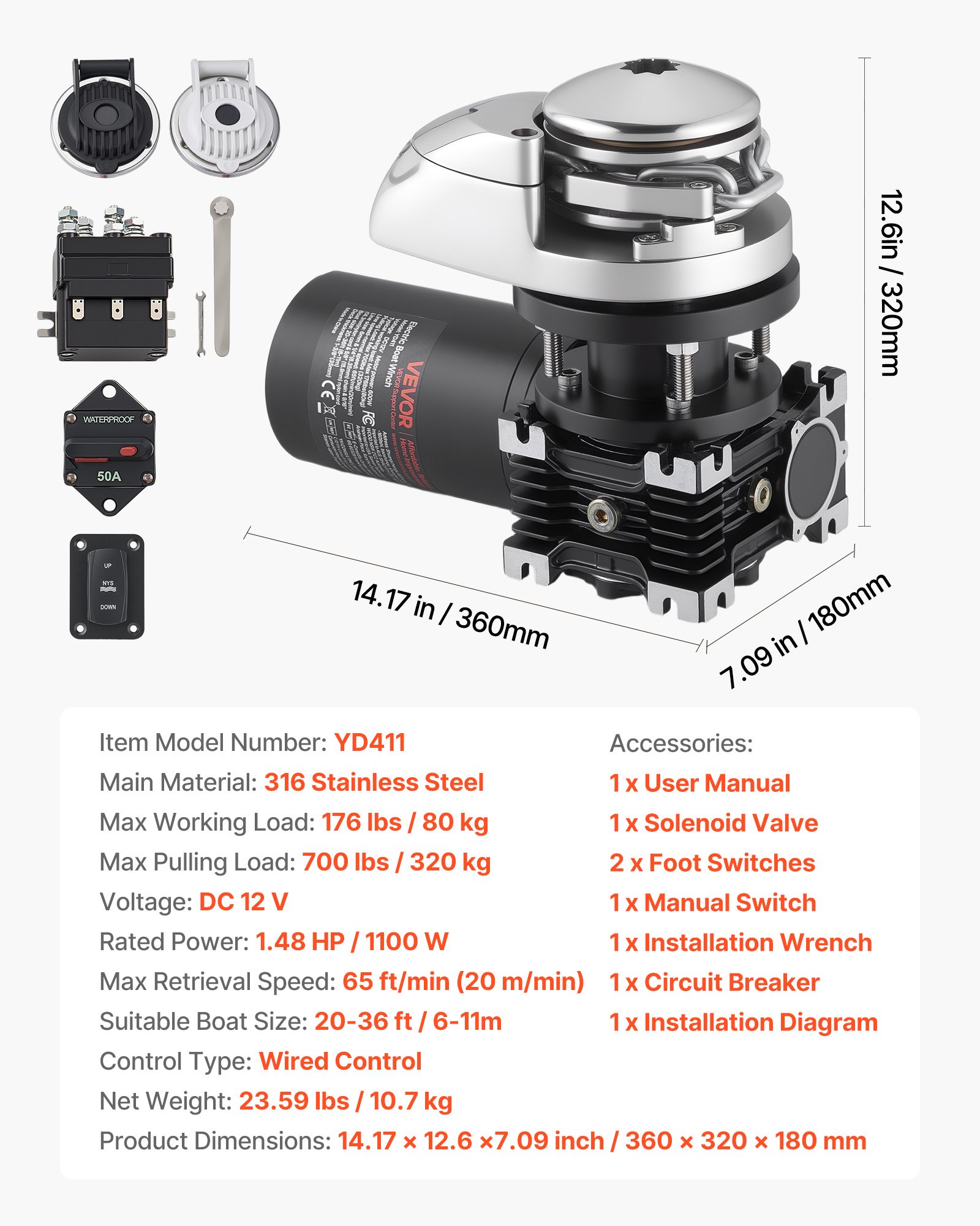 VEVOR Vertical Fishing Windlass, 12V DC 1100W, Windlass Anchor Systems Fit for 6.35 mm Chain or 14.3 & 15.9 mm Nylon Rope, Max Pull 320 kg, 316 Stainless Steel Construction, for Boats 6-11 m