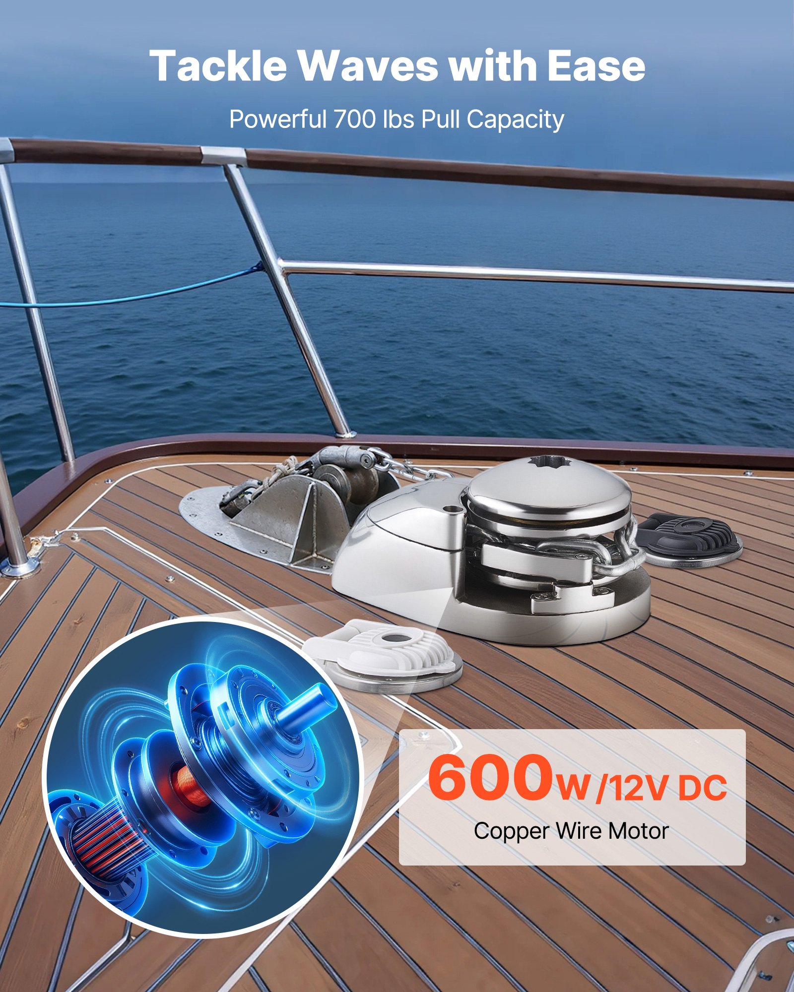 VEVOR Molinete de Ancla Eléctrico, 12 V CC, para Barco de 6 a 11 m, Tracción Máxima de 320 kg, 600 W, Compatible con Cadena de 6,35 mm o Cuerda de Nailon de 14 y 16 mm, Acero Inoxidable 316