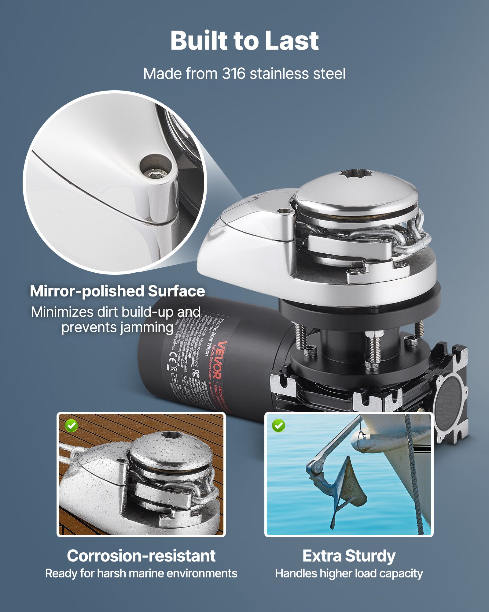 VEVOR Molinete de Ancla Eléctrico, 12 V CC, para Barco de 6 a 11 m, Tracción Máxima de 320 kg, 600 W, Compatible con Cadena de 6,35 mm o Cuerda de Nailon de 14 y 16 mm, Acero Inoxidable 316