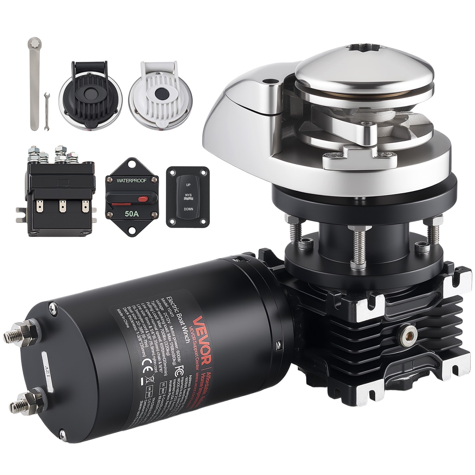 VEVOR Molinete de Ancla Eléctrico, 12 V CC, para Barco de 6 a 11 m, Tracción Máxima de 320 kg, 600 W, Compatible con Cadena de 6,35 mm o Cuerda de Nailon de 14 y 16 mm, Acero Inoxidable 316