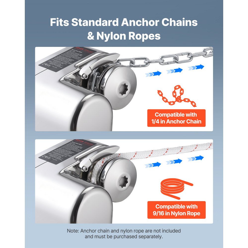 VEVOR Horizontal Fishing Windlass, 12V DC 600W, Windlass Anchor Systems Fit for 6.35 mm Chain or 14.3 & 15.9 mm Nylon Rope, Max Pull 260 kg, 316 Stainless Steel Construction, for Boats 7-9 m