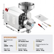 VEVOR Molinillo de Especias Comercial 3000W Acero Inoxidable para Pimientos Maíz