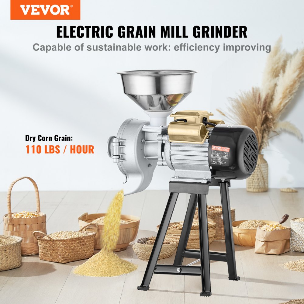 VEVOR Molinillo de Grano Eléctrico 3000 W Molinillo de Especias Comercial Molino de Harina Húmedo y Seco Espesor Ajustable Acero Inoxidable para Moler Cereales, Especias, Hierbas, Pimientos