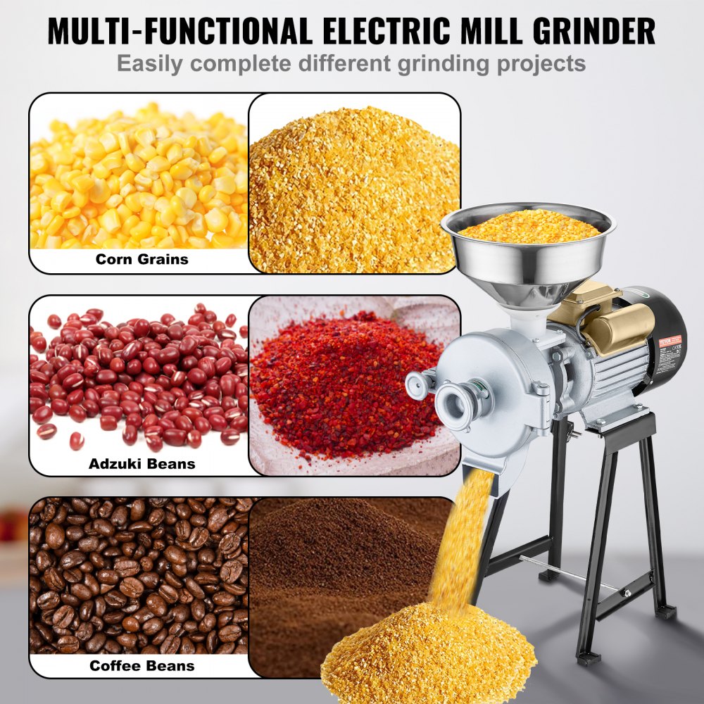 VEVOR Molinillo de Grano Eléctrico 3000 W Molinillo de Especias Comercial Molino de Harina Húmedo y Seco Espesor Ajustable Acero Inoxidable para Moler Cereales, Especias, Hierbas, Pimientos