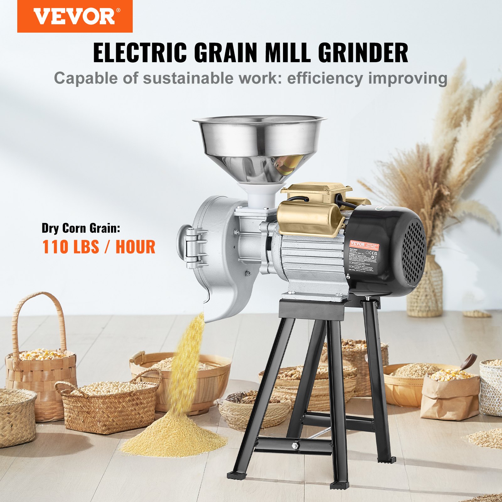 VEVOR Molinillo de Grano Eléctrico 3000 W Molinillo de Especias Comercial Molino de Harina Húmedo y Seco Espesor Ajustable Acero Inoxidable para Moler Cereales, Especias, Hierbas, Pimientos