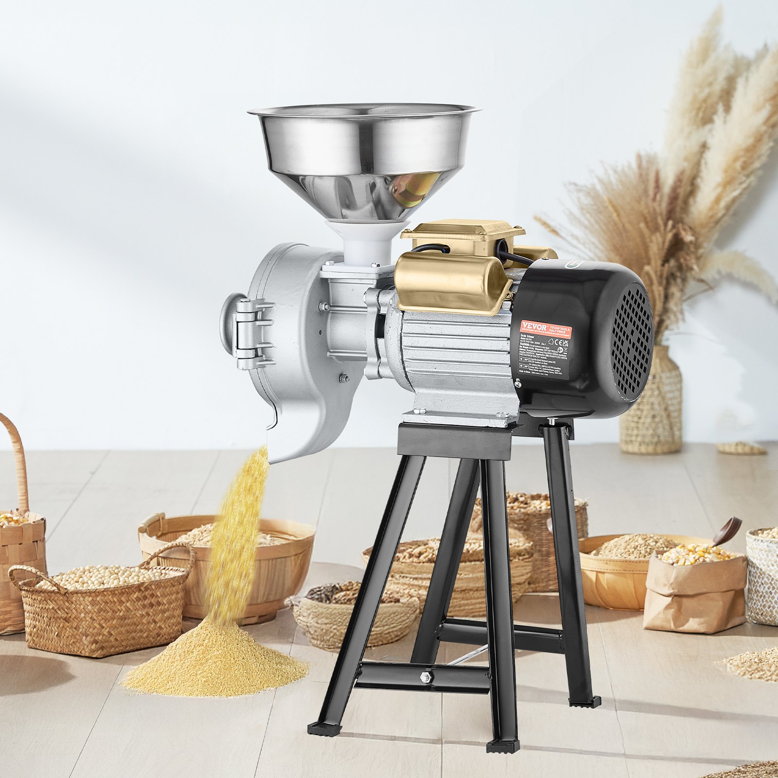 VEVOR Molinillo de Grano Eléctrico 3000 W Molinillo de Especias Comercial Molino de Harina Húmedo y Seco Espesor Ajustable Acero Inoxidable para Moler Cereales, Especias, Hierbas, Pimientos