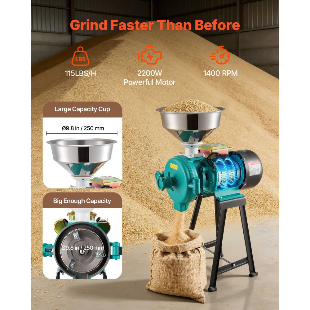 VEVOR Molinillo Eléctrico de Especias 2200 W, Molinillo de Cereales de Alta Velocidad 1400 rpm 50 kg/hora, con Patas de Goma Antideslizantes para Granos Secos, Especias, Cereales, Maíz, Pimienta