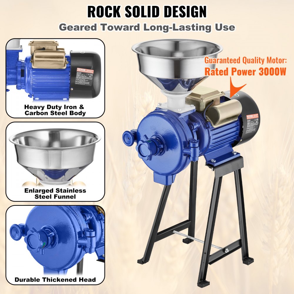 VEVOR Molinillo de Grano Eléctrico 3000 W Molinillo de Especias Comercial Molino de Harina de Trigo Seco Espesor Ajustable con Embudo para Moler Cereales Especias Hierbas Pimientos Maíz