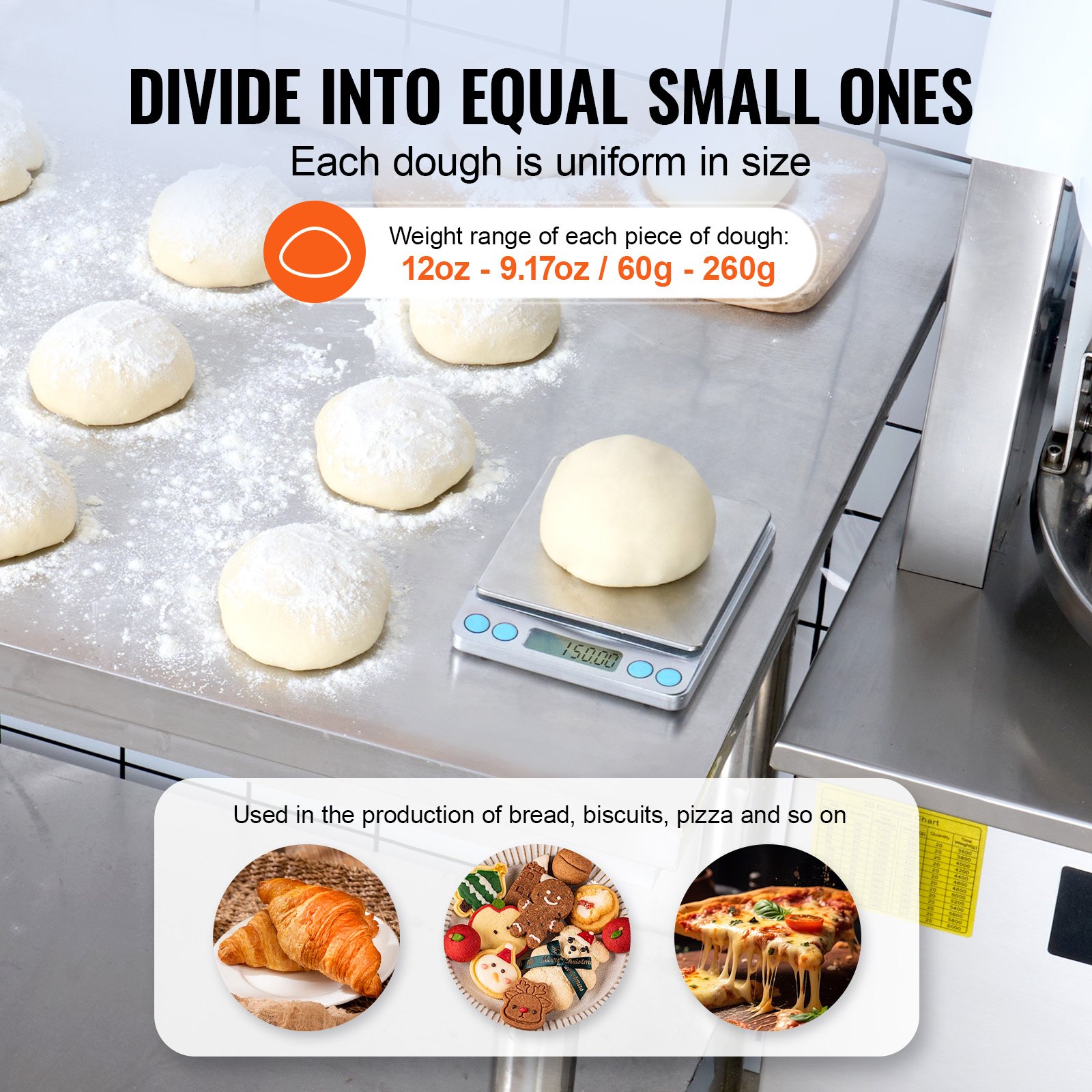 VEVOR Dough Divider 20-Piece Electric Dough Divider Machine, 60-260 g Freestanding Dough Cutter with Tray Made of 304 Stainless Steel, 750 W Bread Maker for Bakery, Restaurant, Cafe Silver