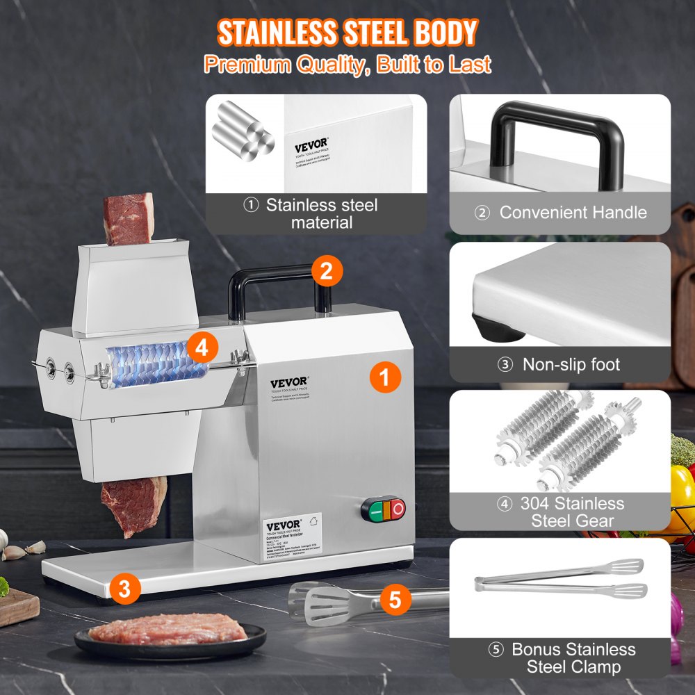 VEVOR Ablandador de Carne Eléctrico Comercial 450 W Máquina Ablandadora de Carne Acero Inoxidable 120 kg/h con 54 Cuchillas Herramienta para Ablandar Carne para Preparar Filete Pollo Cerdo