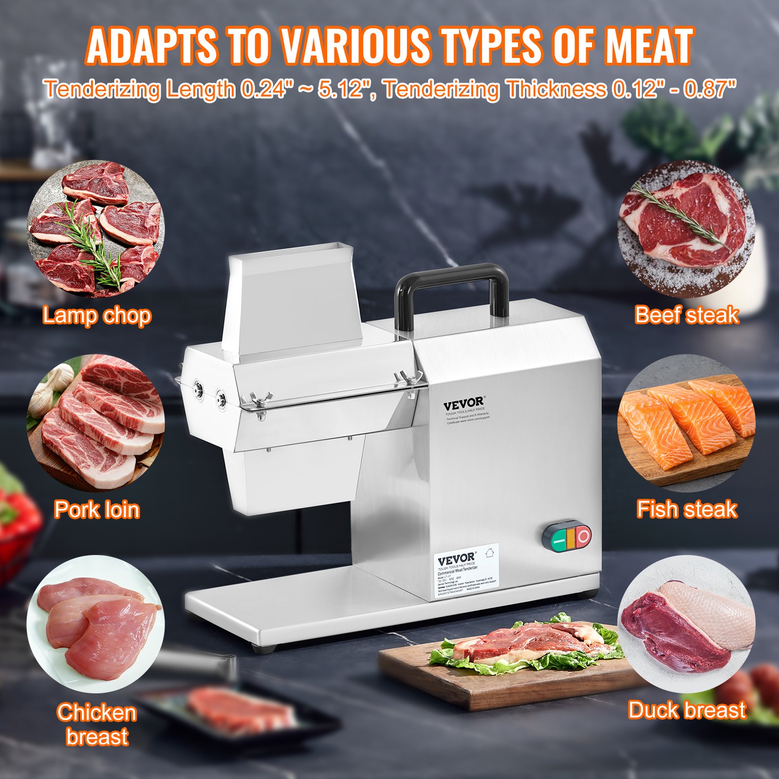 VEVOR Ablandador de Carne Eléctrico Comercial 450 W Máquina Ablandadora de Carne Acero Inoxidable 120 kg/h con 54 Cuchillas Herramienta para Ablandar Carne para Preparar Filete Pollo Cerdo