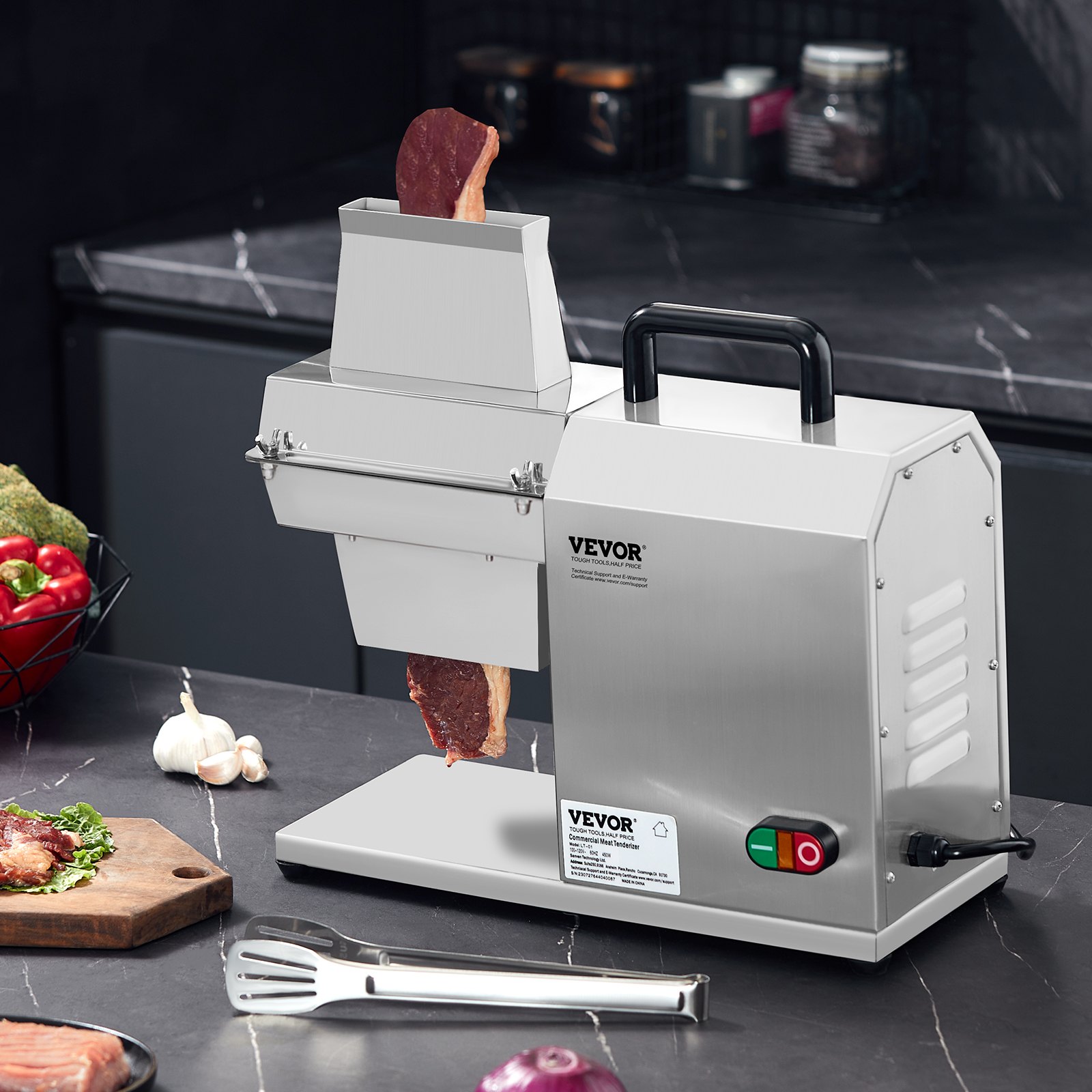 VEVOR Ablandador de Carne Eléctrico Comercial 450 W Máquina Ablandadora de Carne Acero Inoxidable 120 kg/h con 54 Cuchillas Herramienta para Ablandar Carne para Preparar Filete Pollo Cerdo