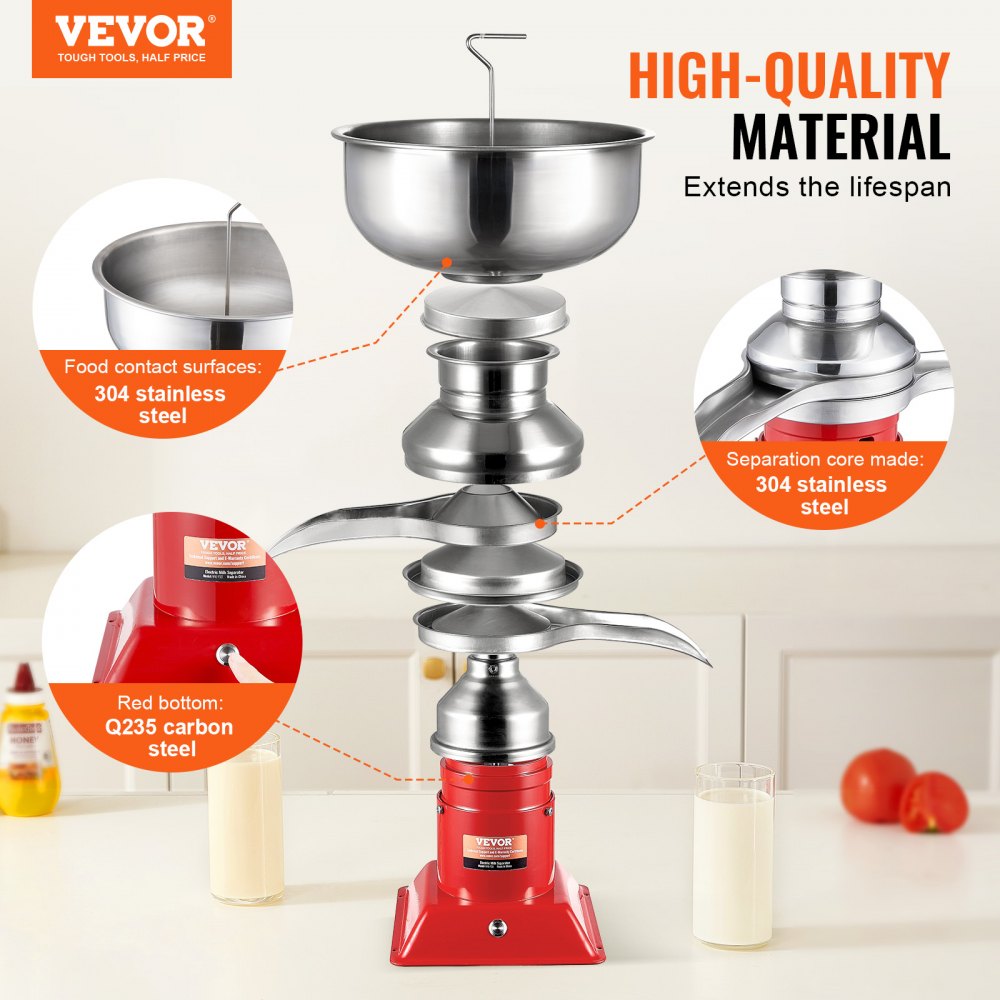VEVOR Separador de Leche Eléctrico Separador Centrífugo 30 W, Separador Centrífugo de Leche 100 L/H Separador de crema de leche, 10500 RPM Centrífuga de leche multifuncional de Acero inoxidable 304