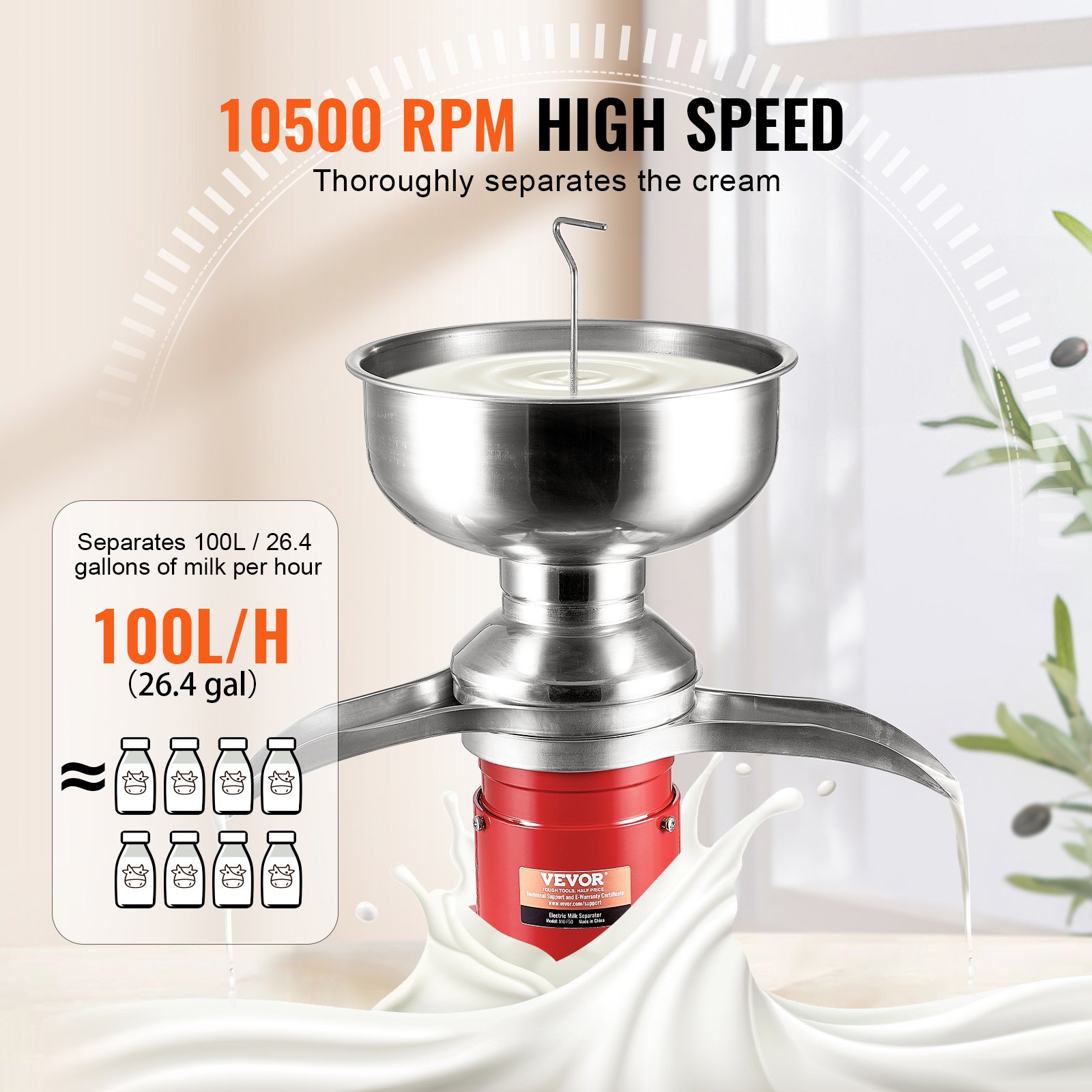 VEVOR Separador de Leche Eléctrico Separador Centrífugo 30 W, Separador Centrífugo de Leche 100 L/H Separador de crema de leche, 10500 RPM Centrífuga de leche multifuncional de Acero inoxidable 304