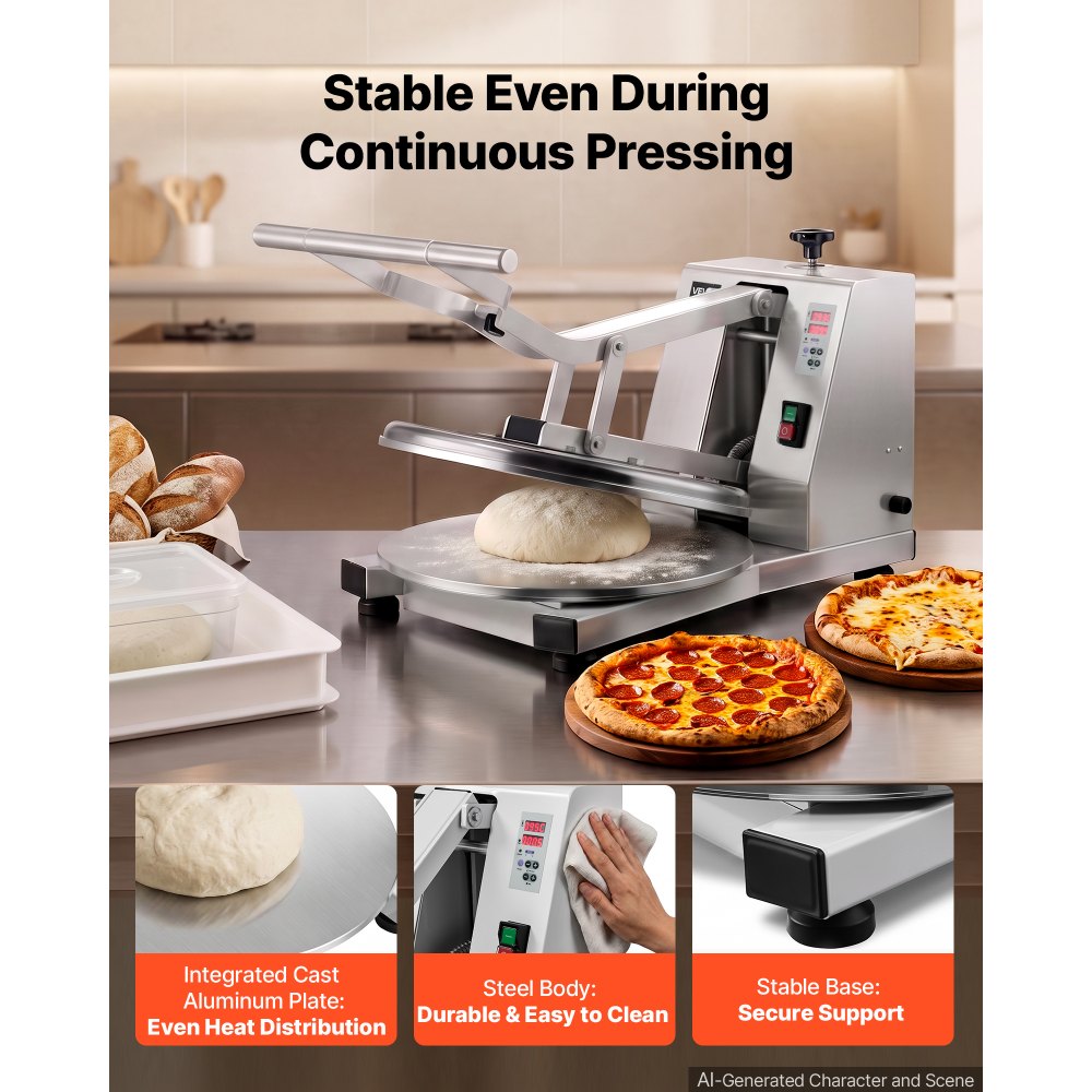 VEVOR Prensa Eléctrica de Masa para Pizza 18 pulgadas, Espesor Ajustable de 0-11 mm, Placa de Prensado de Aluminio Fundido, Temperatura Máxima 240°C, Base Antideslizante, para Panadería, Restaurante