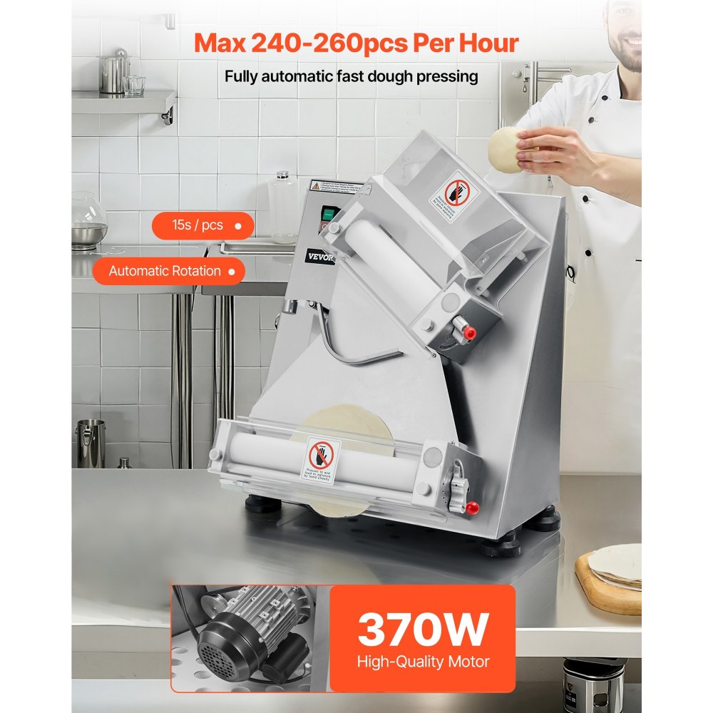 VEVOR Rodillo Laminador de Masa para Pizza, Prensa Automática de Acero Inoxidable de 7,6 a 35,5 cm, 260 Piezas por Hora, Grosor Ajustable, con Tapa para Prensar Masa, 465 x 500 x 640 mm, Plata