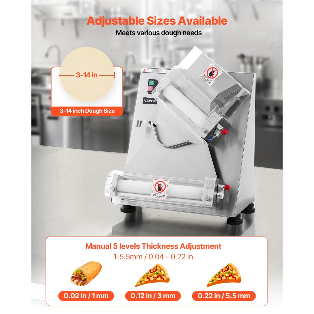 VEVOR Rodillo Laminador de Masa para Pizza, Prensa Automática de Acero Inoxidable de 7,6 a 35,5 cm, 260 Piezas por Hora, Grosor Ajustable, con Tapa para Prensar Masa, 465 x 500 x 640 mm, Plata
