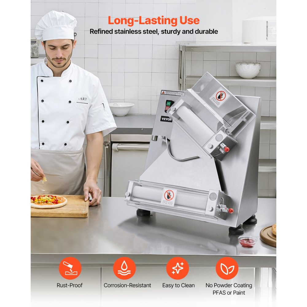 VEVOR Rodillo Laminador de Masa para Pizza, Prensa Automática de Acero Inoxidable de 7,6 a 35,5 cm, 260 Piezas por Hora, Grosor Ajustable, con Tapa para Prensar Masa, 465 x 500 x 640 mm, Plata