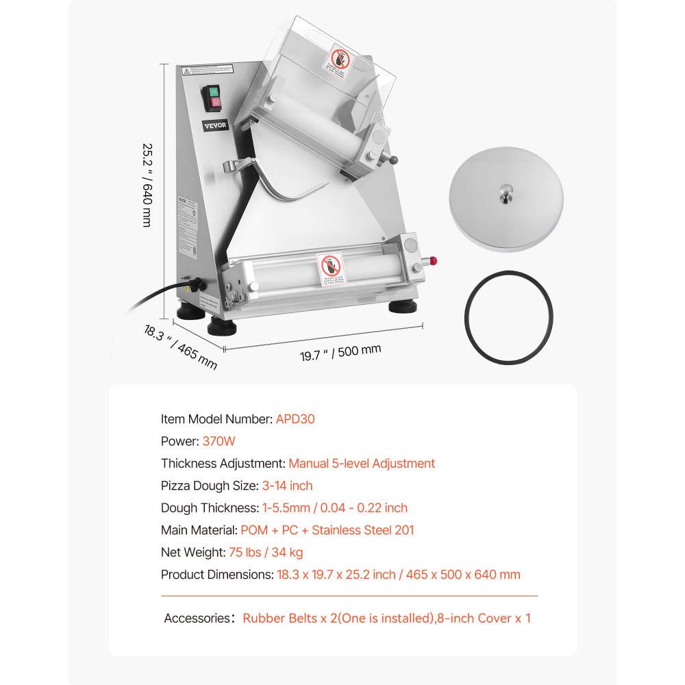 VEVOR Rodillo Laminador de Masa para Pizza, Prensa Automática de Acero Inoxidable de 7,6 a 35,5 cm, 260 Piezas por Hora, Grosor Ajustable, con Tapa para Prensar Masa, 465 x 500 x 640 mm, Plata