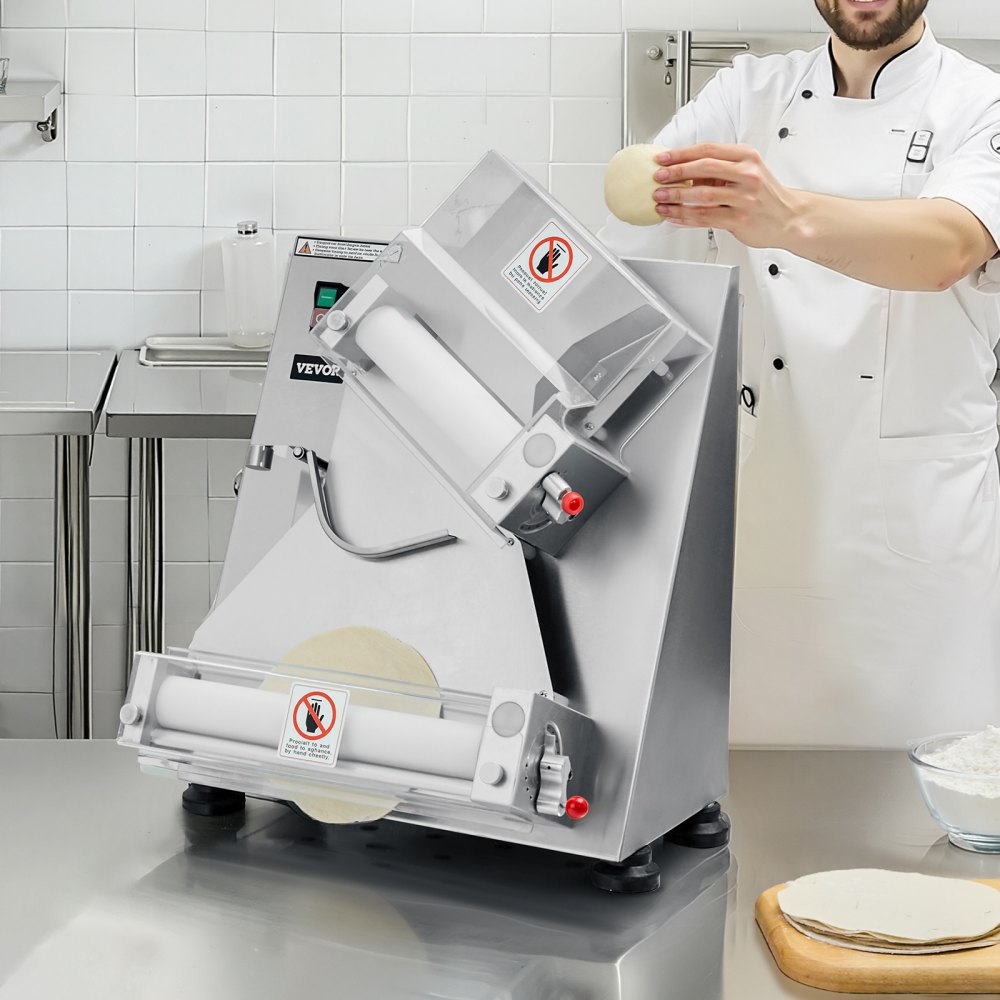 VEVOR Rodillo Laminador de Masa para Pizza, Prensa Automática de Acero Inoxidable de 7,6 a 35,5 cm, 260 Piezas por Hora, Grosor Ajustable, con Tapa para Prensar Masa, 465 x 500 x 640 mm, Plata