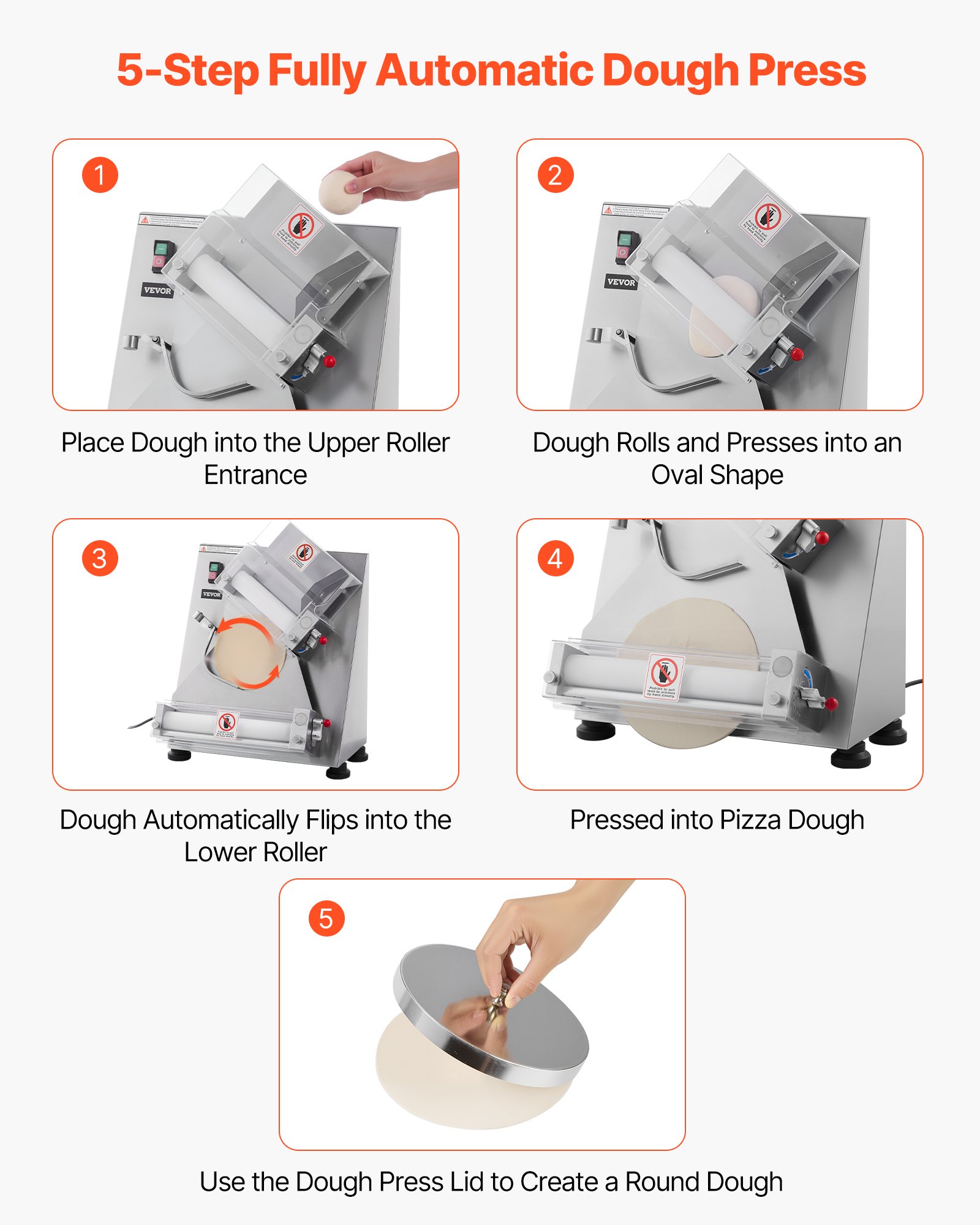 VEVOR Rodillo Laminador de Masa para Pizza, Prensa Automática de Acero Inoxidable de 7,6 a 35,5 cm, 260 Piezas por Hora, Grosor Ajustable, con Tapa para Prensar Masa, 465 x 500 x 640 mm, Plata