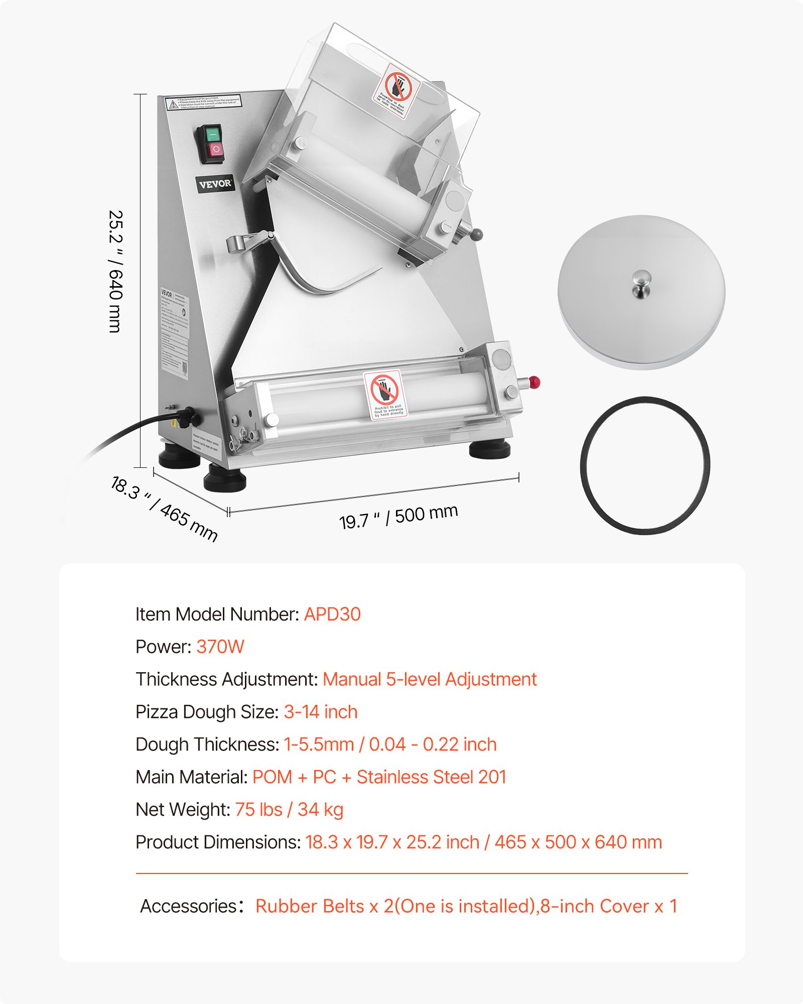 VEVOR Rodillo Laminador de Masa para Pizza, Prensa Automática de Acero Inoxidable de 7,6 a 35,5 cm, 260 Piezas por Hora, Grosor Ajustable, con Tapa para Prensar Masa, 465 x 500 x 640 mm, Plata