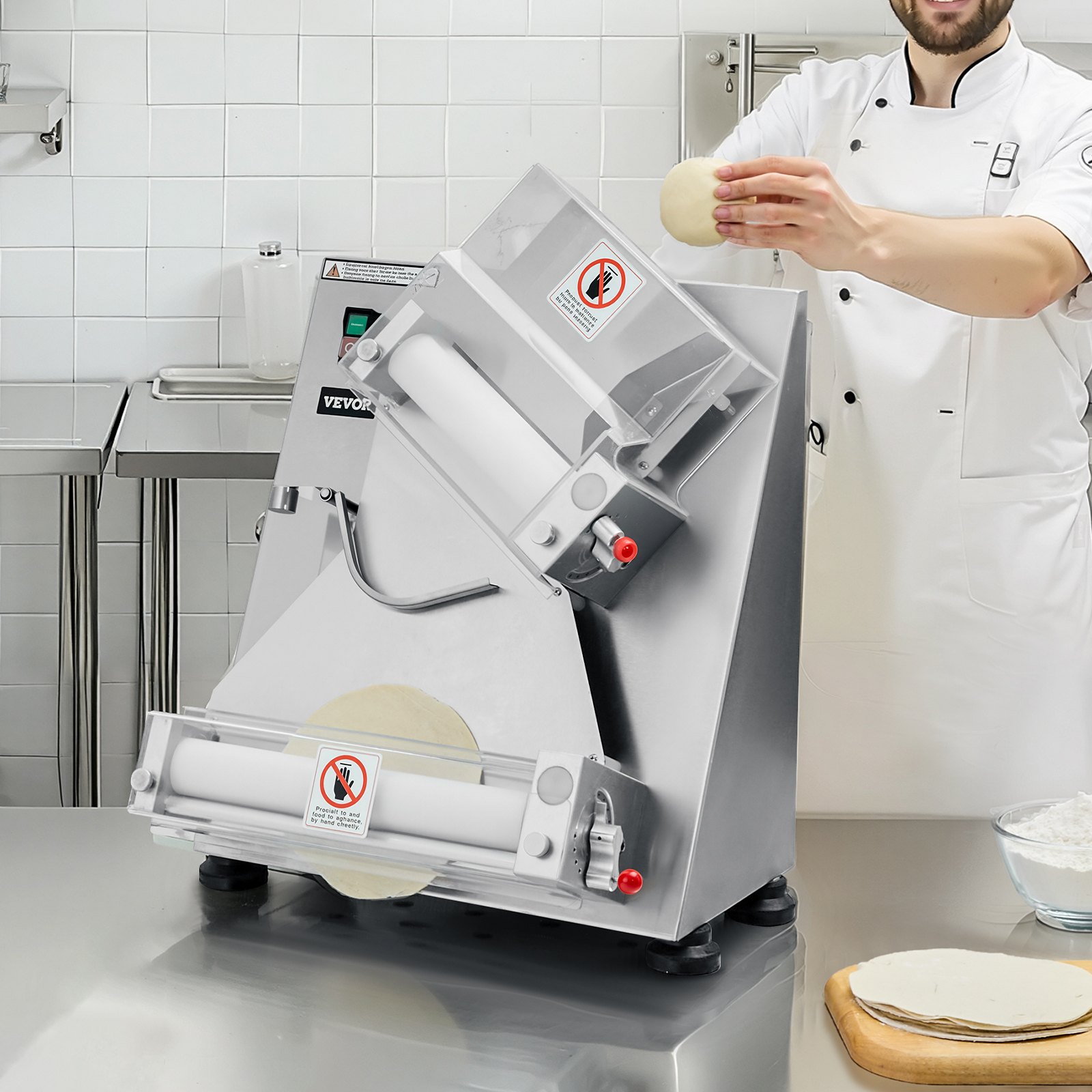 VEVOR Rodillo Laminador de Masa para Pizza, Prensa Automática de Acero Inoxidable de 7,6 a 35,5 cm, 260 Piezas por Hora, Grosor Ajustable, con Tapa para Prensar Masa, 465 x 500 x 640 mm, Plata