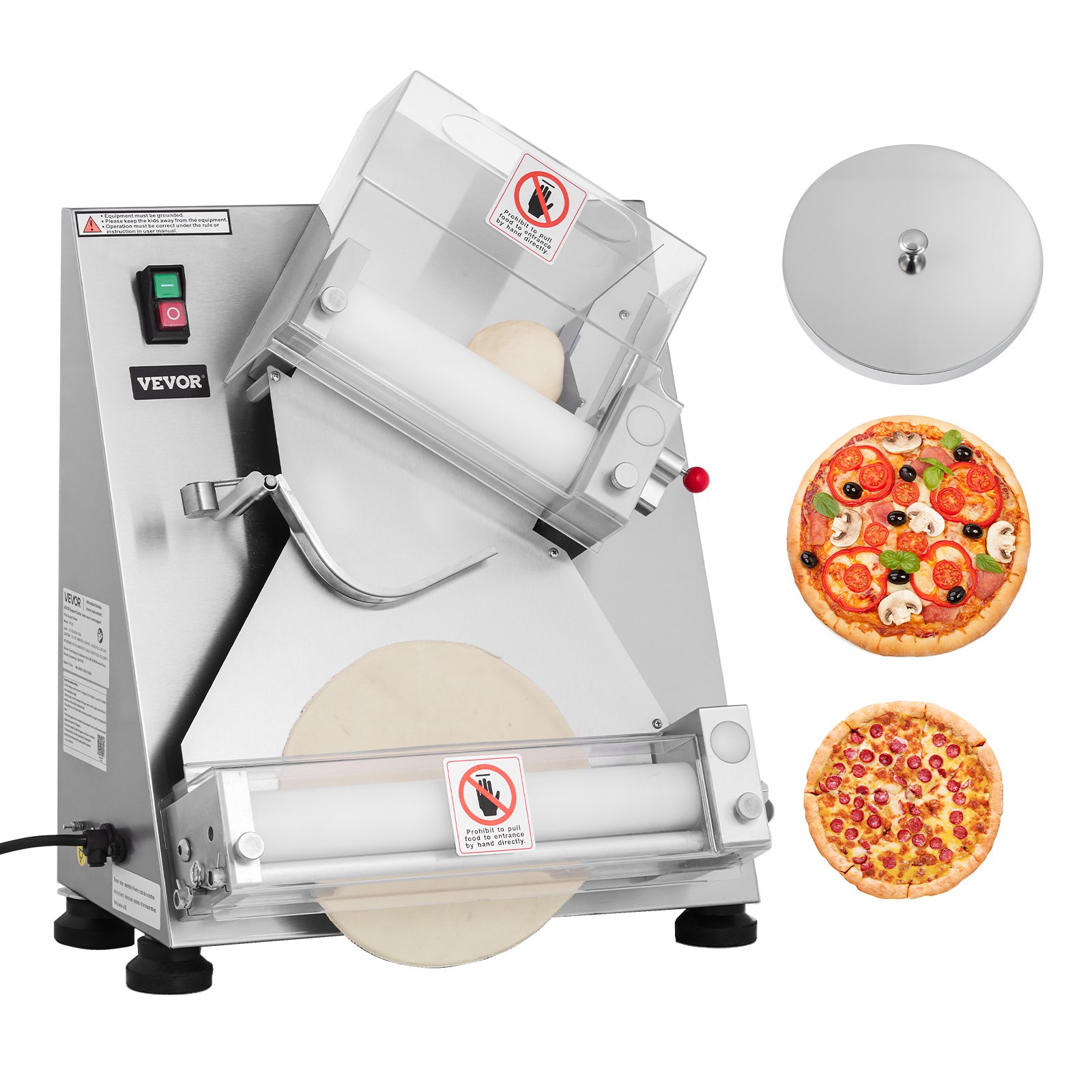 VEVOR Rodillo Laminador de Masa para Pizza, Prensa Automática de Acero Inoxidable de 7,6 a 35,5 cm, 260 Piezas por Hora, Grosor Ajustable, con Tapa para Prensar Masa, 465 x 500 x 640 mm, Plata