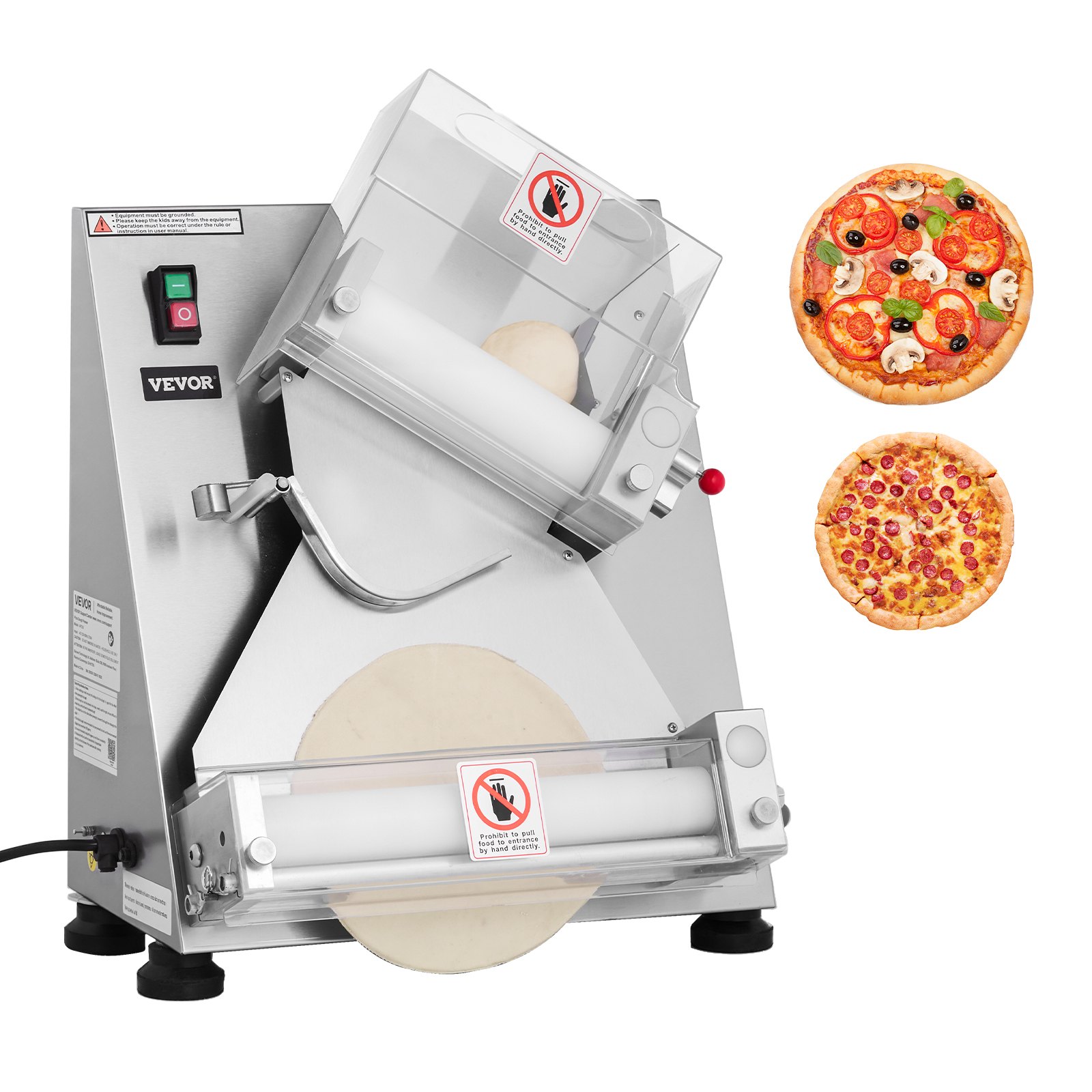 VEVOR Rodillo Laminador de Masa para Pizza, Prensa Automática de Acero Inoxidable de 7,6 a 35,5 cm, 260 Piezas por Hora, Grosor Ajustable, con Tapa para Prensar Masa, 465 x 500 x 640 mm, Plata