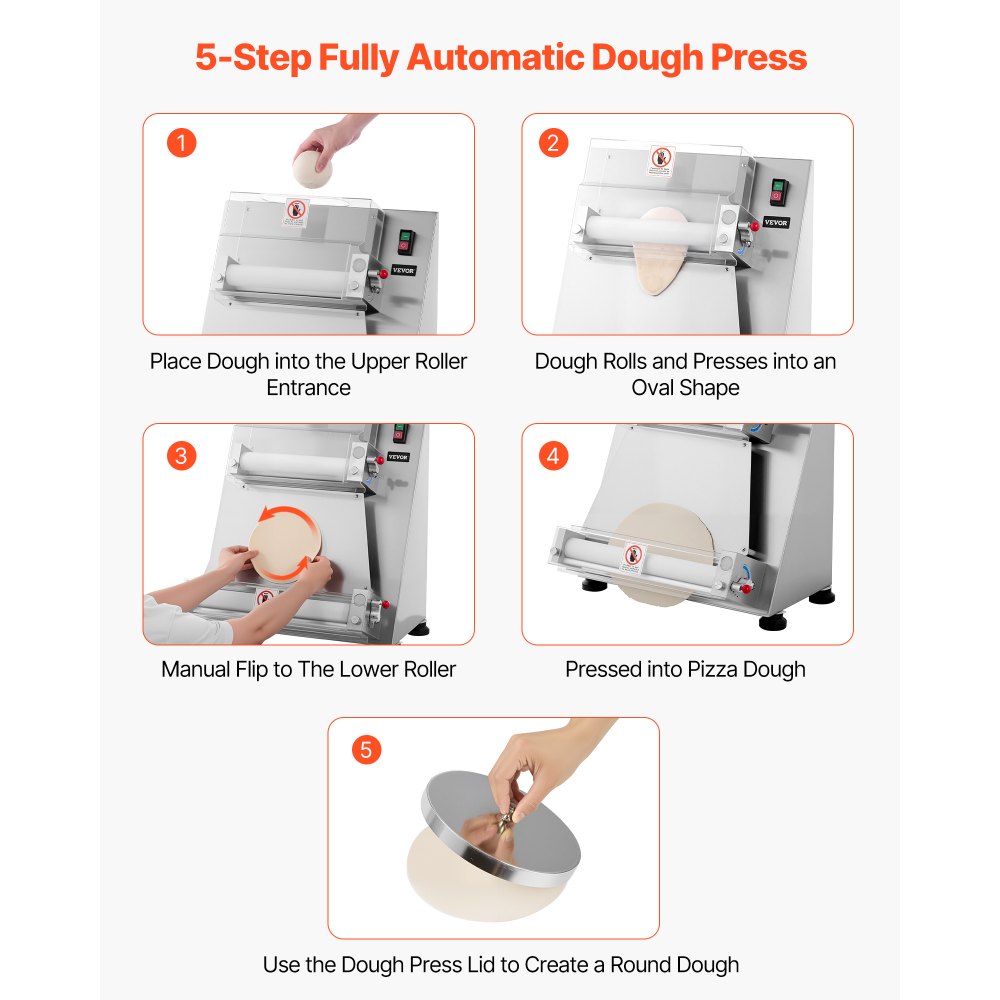 VEVOR Rodillo Laminador de Masa para Pizza, Prensa Semiautomática de Acero Inoxidable 7,6 a 40,6 cm, 390 W, 260 Piezas por Hora, Grosor Ajustable, con Tapa para Prensar Masa, 530 x 520 x 640 mm