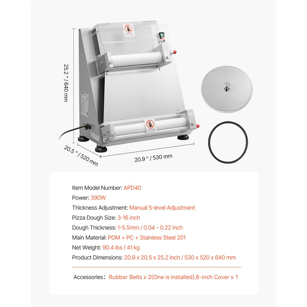 VEVOR Rodillo Laminador de Masa para Pizza, Prensa Semiautomática de Acero Inoxidable 7,6 a 40,6 cm, 390 W, 260 Piezas por Hora, Grosor Ajustable, con Tapa para Prensar Masa, 530 x 520 x 640 mm