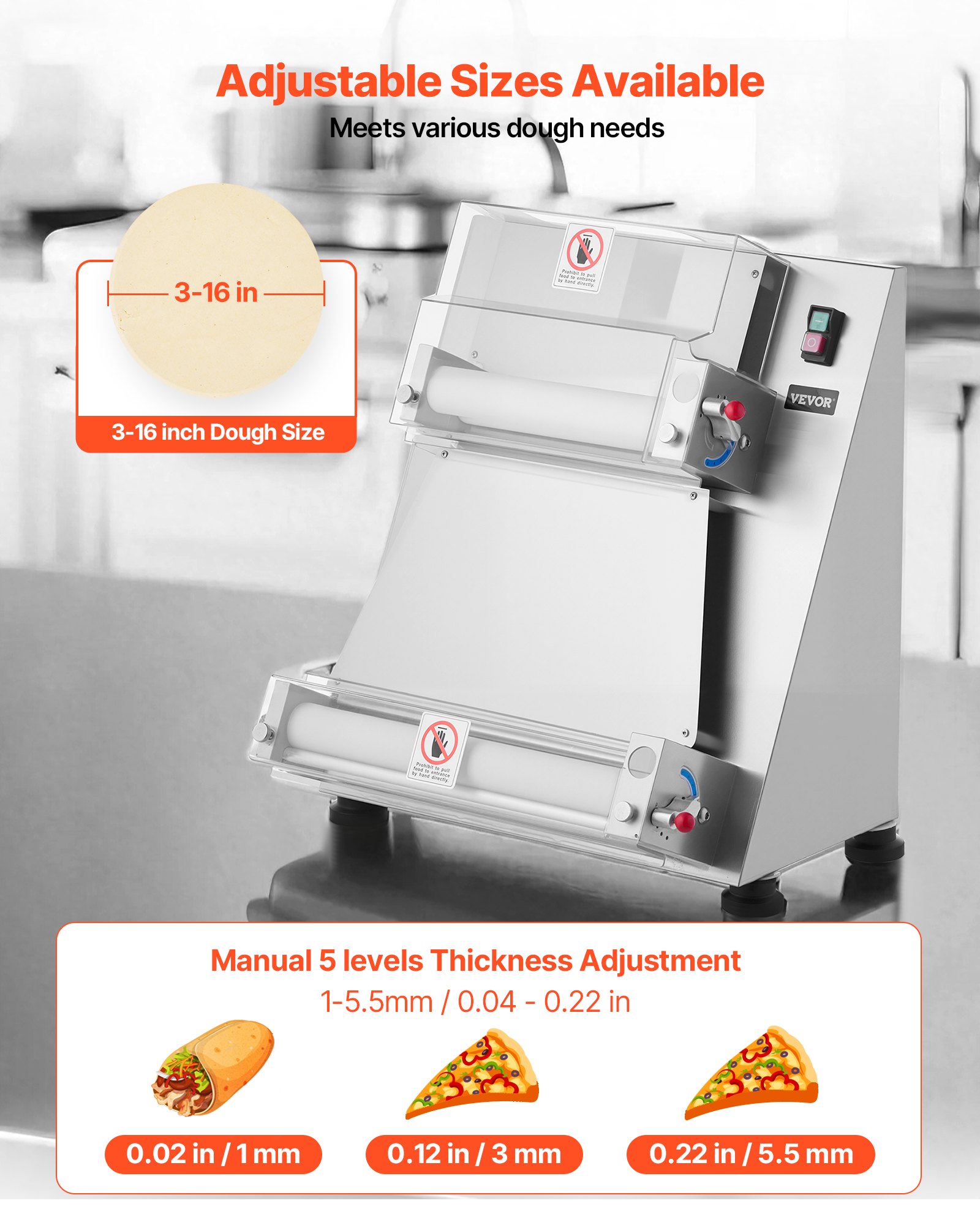 VEVOR Rodillo Laminador de Masa para Pizza, Prensa Semiautomática de Acero Inoxidable 7,6 a 40,6 cm, 390 W, 260 Piezas por Hora, Grosor Ajustable, con Tapa para Prensar Masa, 530 x 520 x 640 mm