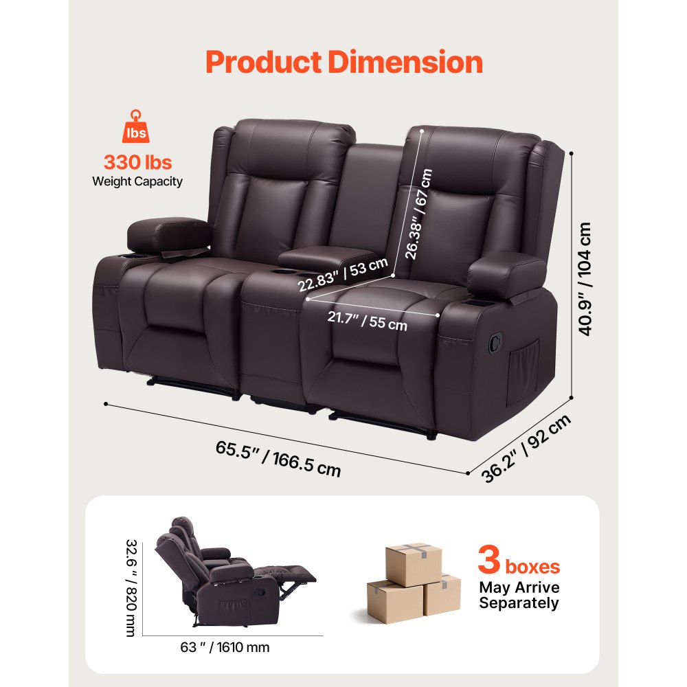 VEVOR Sofá Reclinable de 2 Plazas, con Consola Central, Piel Sintética, Puertos USB, Portavasos y Compartimentos, para Dormitorio, Sala de Estar y Oficina, Color Marrón, 160,1 x 166,5 x 82 cm
