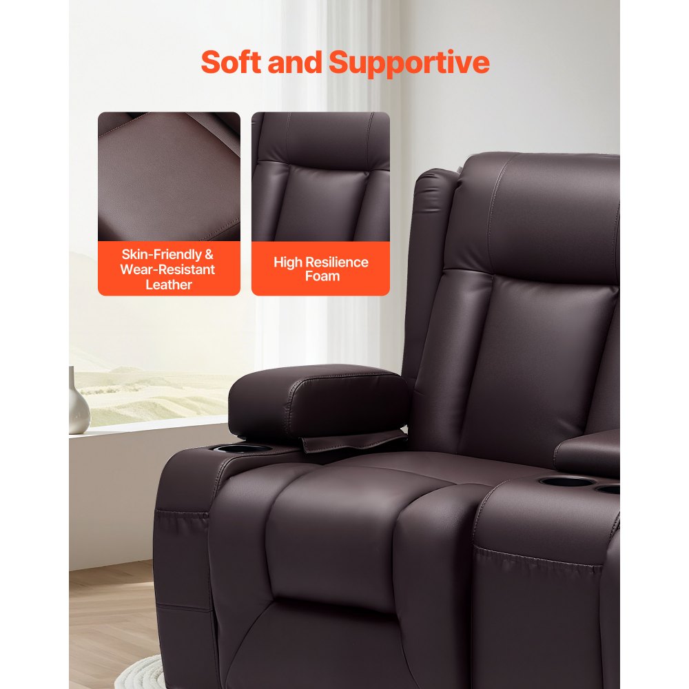 VEVOR Sofá Reclinable de 2 Plazas, con Consola Central, Piel Sintética, Puertos USB, Portavasos y Compartimentos, para Dormitorio, Sala de Estar y Oficina, Color Marrón, 160,1 x 166,5 x 82 cm