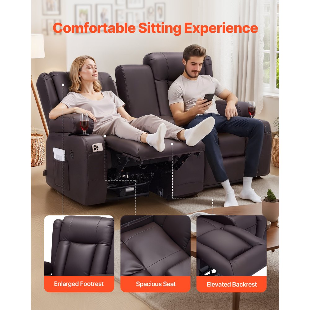VEVOR Sofá Reclinable de 2 Plazas, con Consola Central, Piel Sintética, Puertos USB, Portavasos y Compartimentos, para Dormitorio, Sala de Estar y Oficina, Color Marrón, 160,1 x 166,5 x 82 cm