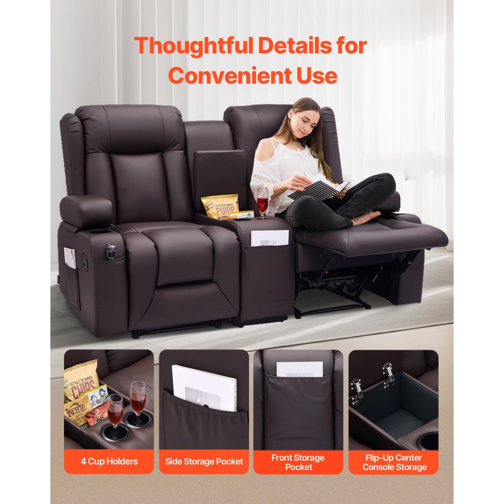 VEVOR Sofá Reclinable de 2 Plazas, con Consola Central, Piel Sintética, Puertos USB, Portavasos y Compartimentos, para Dormitorio, Sala de Estar y Oficina, Color Marrón, 160,1 x 166,5 x 82 cm