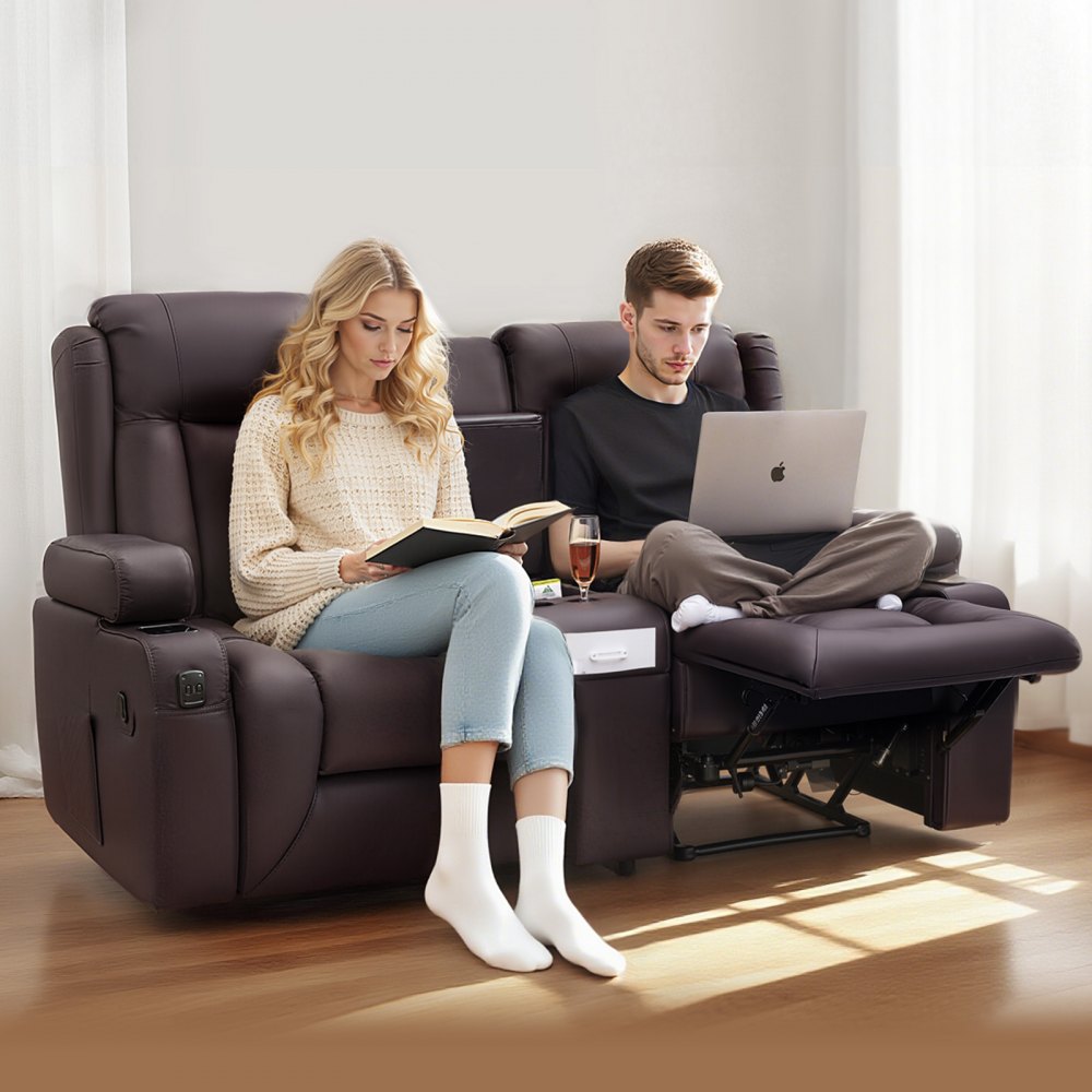 VEVOR Sofá Reclinable de 2 Plazas, con Consola Central, Piel Sintética, Puertos USB, Portavasos y Compartimentos, para Dormitorio, Sala de Estar y Oficina, Color Marrón, 160,1 x 166,5 x 82 cm