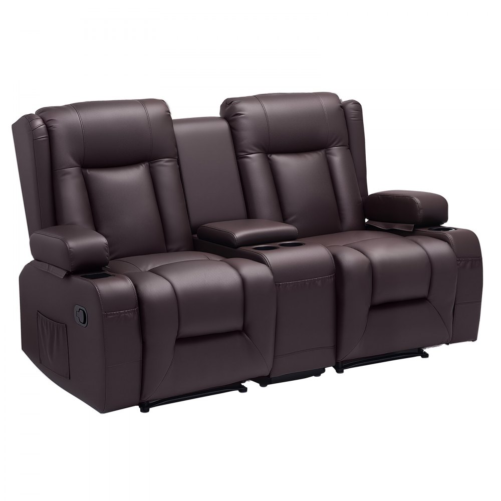 VEVOR Sofá Reclinable de 2 Plazas, con Consola Central, Piel Sintética, Puertos USB, Portavasos y Compartimentos, para Dormitorio, Sala de Estar y Oficina, Color Marrón, 160,1 x 166,5 x 82 cm