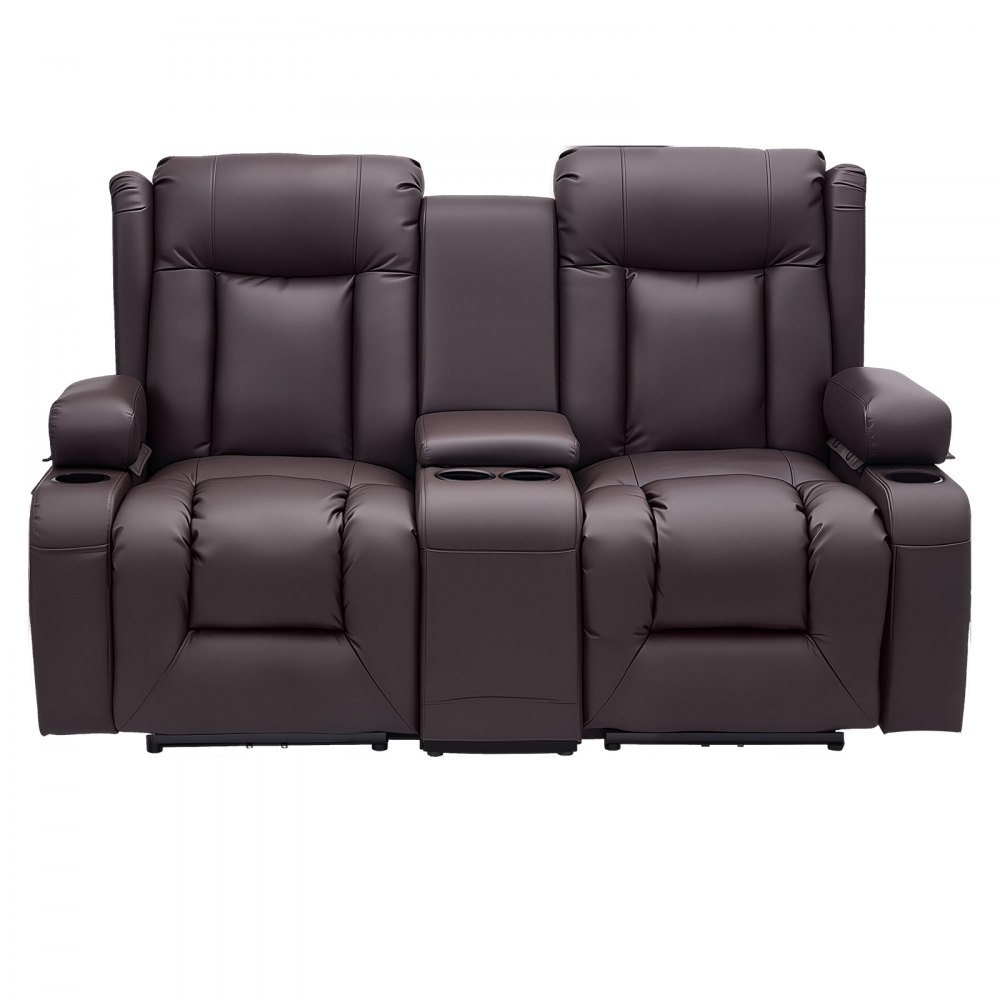 VEVOR Sofá Reclinable de 2 Plazas, con Consola Central, Piel Sintética, Puertos USB, Portavasos y Compartimentos, para Dormitorio, Sala de Estar y Oficina, Color Marrón, 160,1 x 166,5 x 82 cm