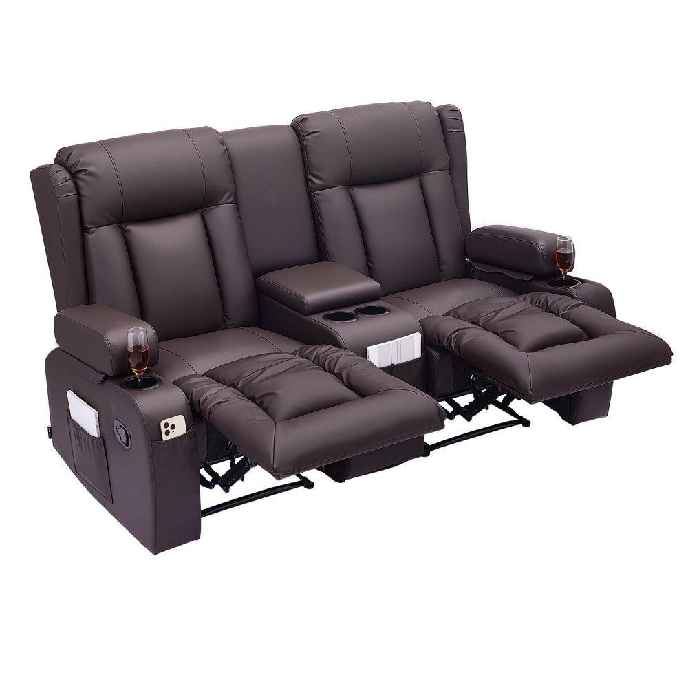 VEVOR Sofá Reclinable de 2 Plazas, con Consola Central, Piel Sintética, Puertos USB, Portavasos y Compartimentos, para Dormitorio, Sala de Estar y Oficina, Color Marrón, 160,1 x 166,5 x 82 cm