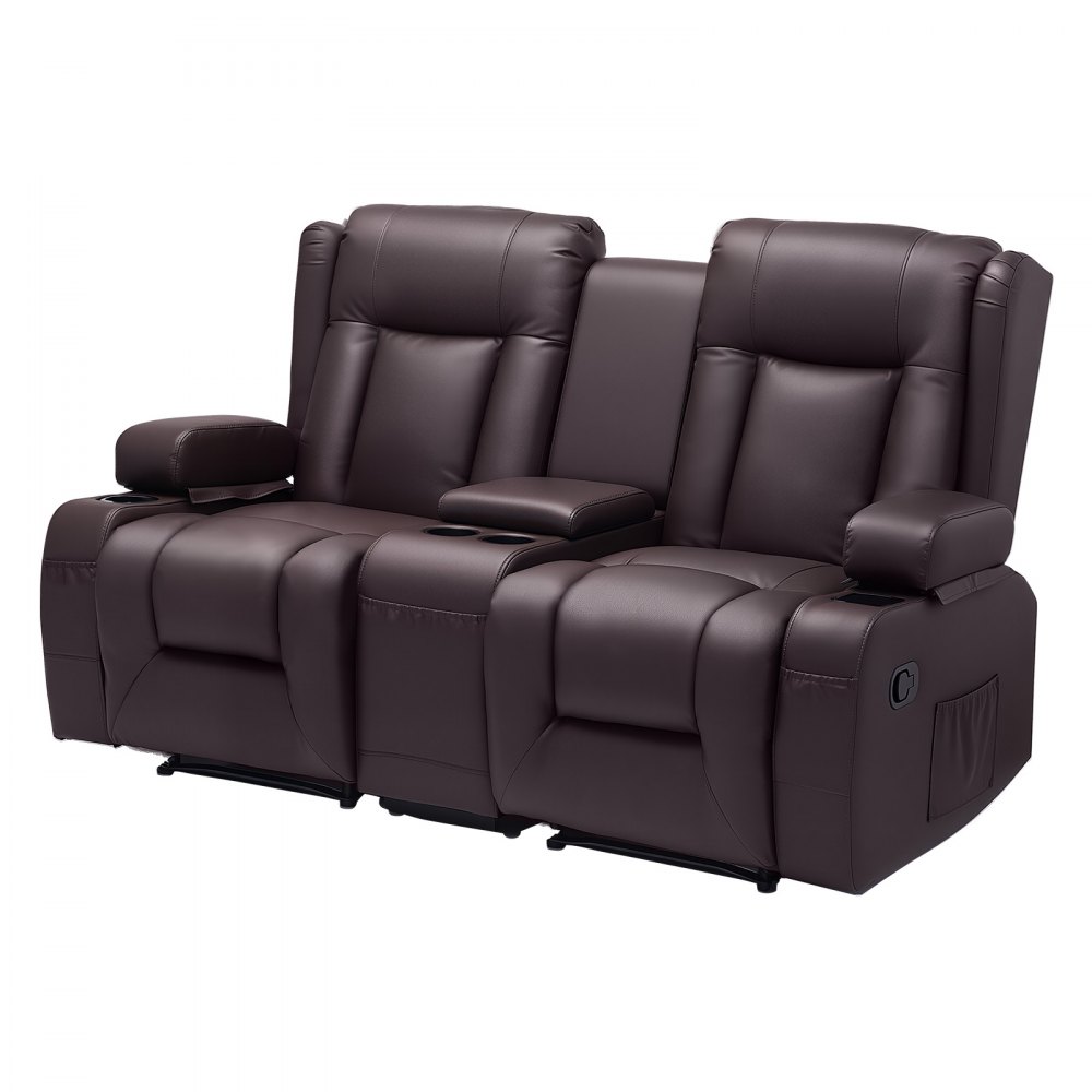 VEVOR Sofá Reclinable de 2 Plazas, con Consola Central, Piel Sintética, Puertos USB, Portavasos y Compartimentos, para Dormitorio, Sala de Estar y Oficina, Color Marrón, 160,1 x 166,5 x 82 cm