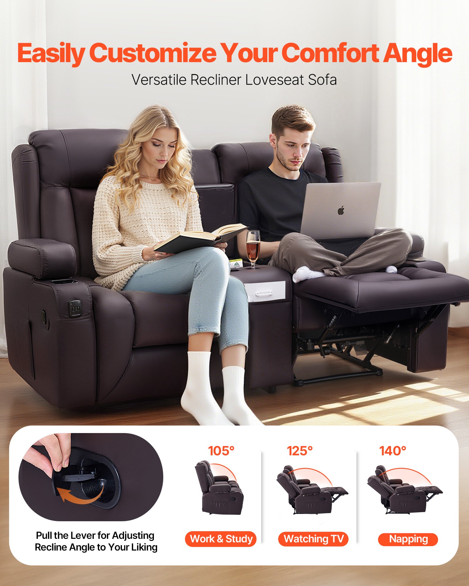 VEVOR Sofá Reclinable de 2 Plazas, con Consola Central, Piel Sintética, Puertos USB, Portavasos y Compartimentos, para Dormitorio, Sala de Estar y Oficina, Color Marrón, 160,1 x 166,5 x 82 cm