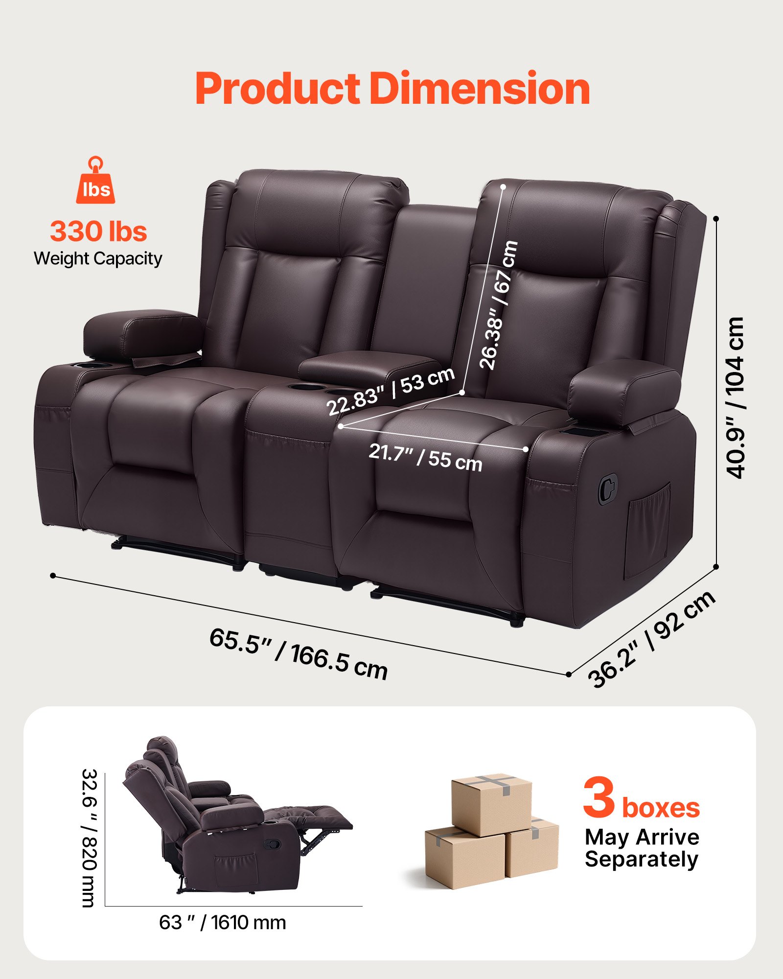 VEVOR Sofá Reclinable de 2 Plazas, con Consola Central, Piel Sintética, Puertos USB, Portavasos y Compartimentos, para Dormitorio, Sala de Estar y Oficina, Color Marrón, 160,1 x 166,5 x 82 cm