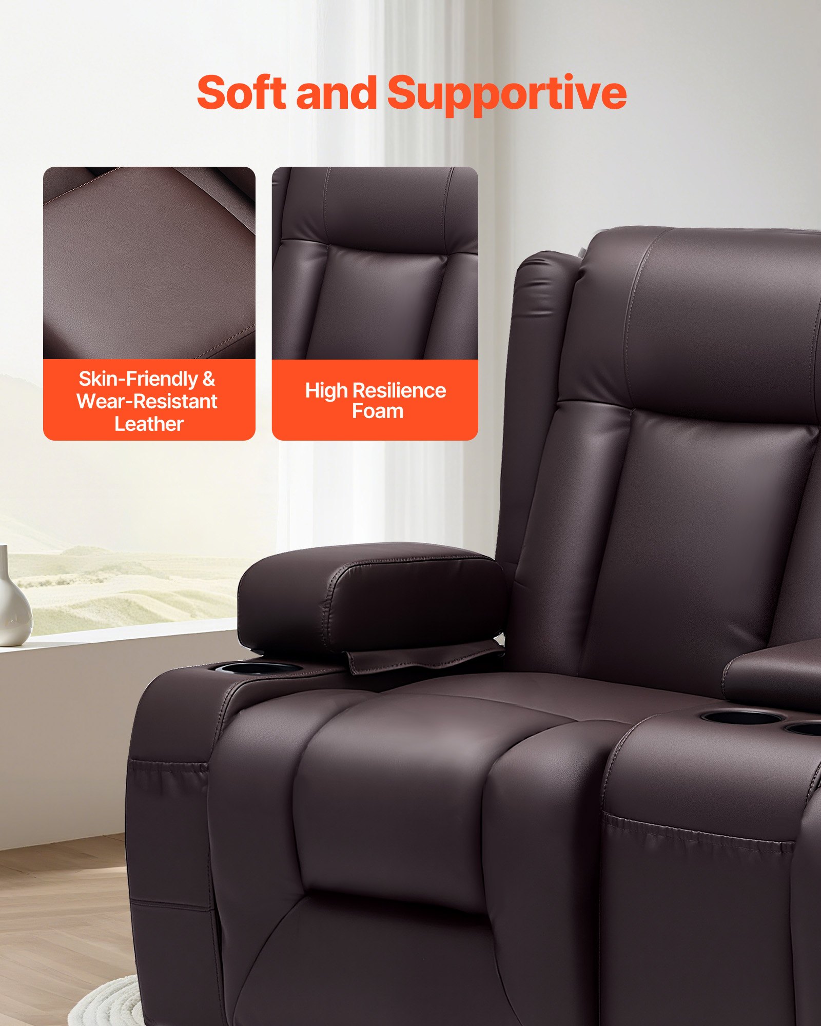 VEVOR Sofá Reclinable de 2 Plazas, con Consola Central, Piel Sintética, Puertos USB, Portavasos y Compartimentos, para Dormitorio, Sala de Estar y Oficina, Color Marrón, 160,1 x 166,5 x 82 cm