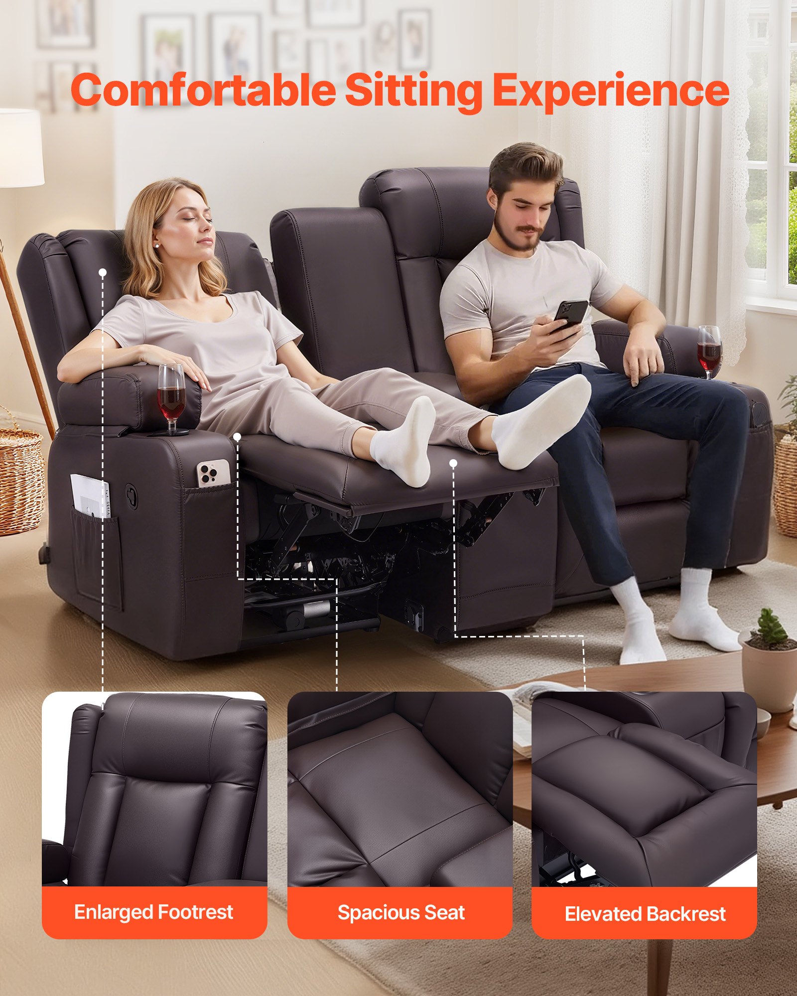 VEVOR Sofá Reclinable de 2 Plazas, con Consola Central, Piel Sintética, Puertos USB, Portavasos y Compartimentos, para Dormitorio, Sala de Estar y Oficina, Color Marrón, 160,1 x 166,5 x 82 cm