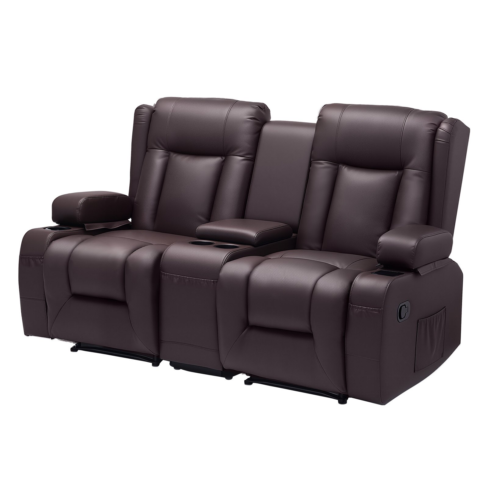 VEVOR Sofá Reclinable de 2 Plazas, con Consola Central, Piel Sintética, Puertos USB, Portavasos y Compartimentos, para Dormitorio, Sala de Estar y Oficina, Color Marrón, 160,1 x 166,5 x 82 cm